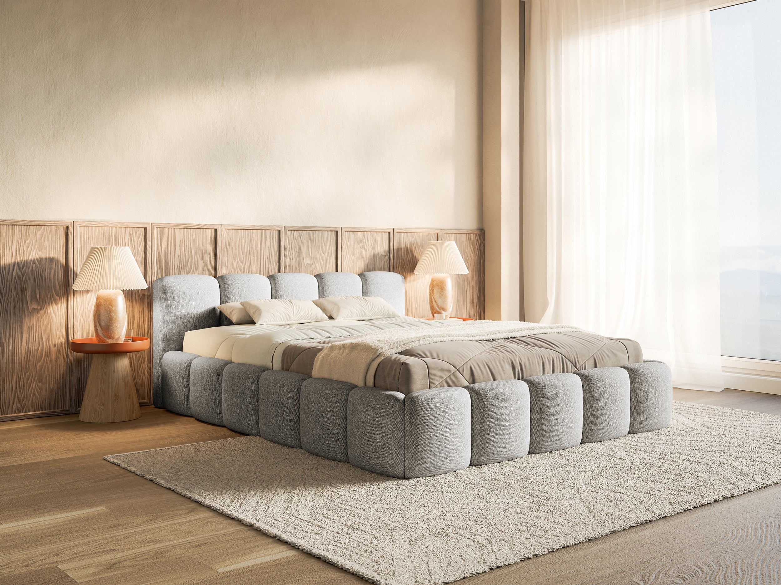 Polsterbett 160x200 cm Cloudy Low hellgrauer, wasserabweisender Chenille-Stoff, Holzlattenrost