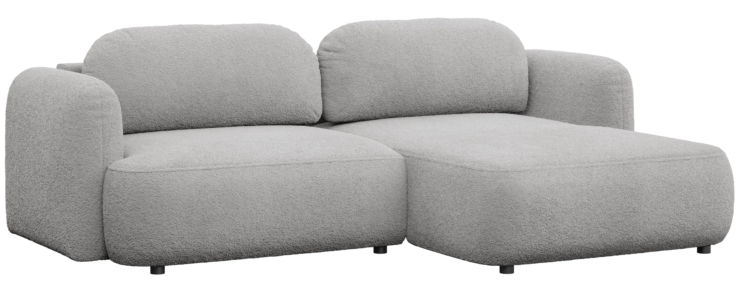 Ecksofa mit Schlaffunktion Tvoya, L-förmig, rechtsseitig, hellgrauer Bouclé-Stoff