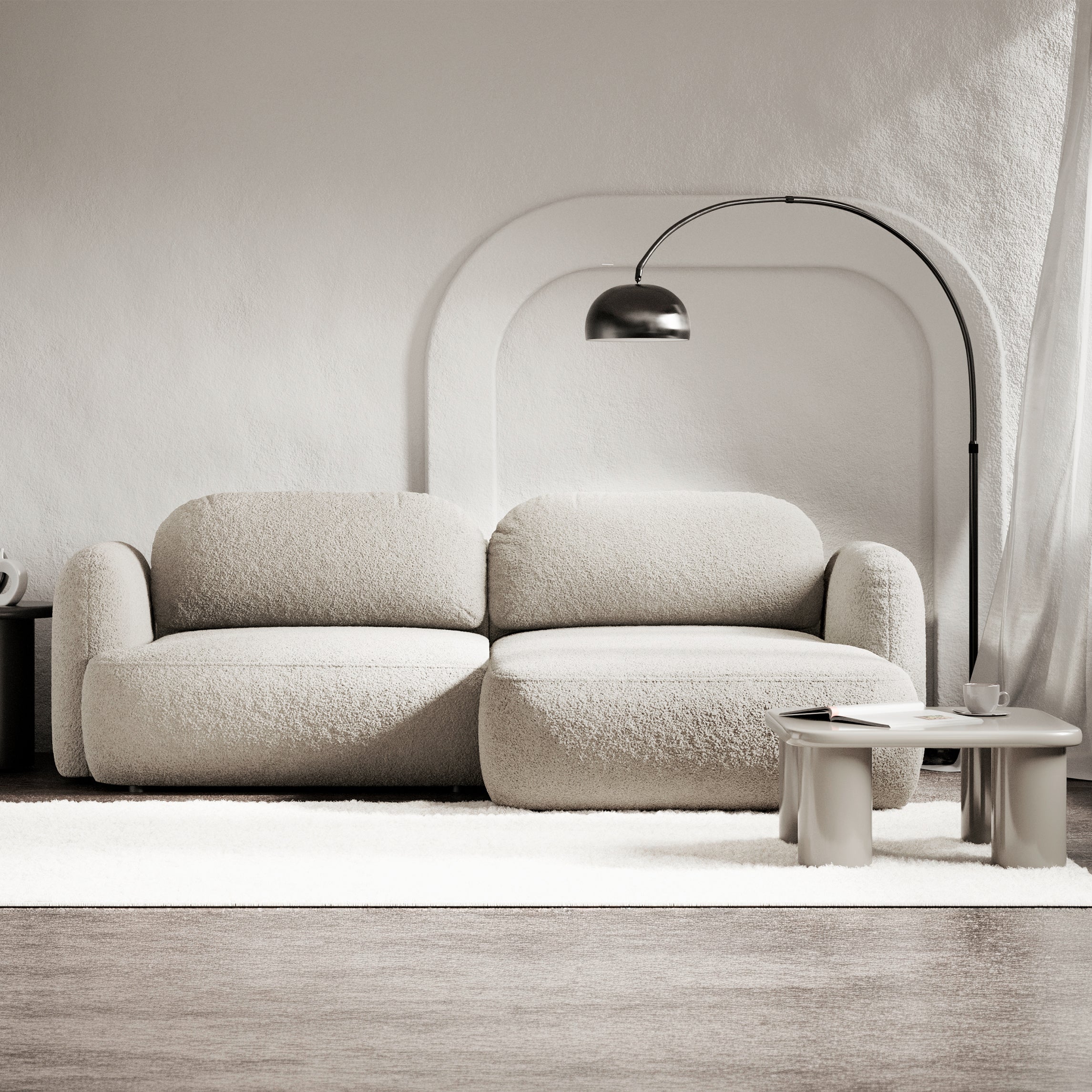Ecksofa mit Schlaffunktion Tvoya, L-förmig, rechtsseitig, hellbeige Bouclé