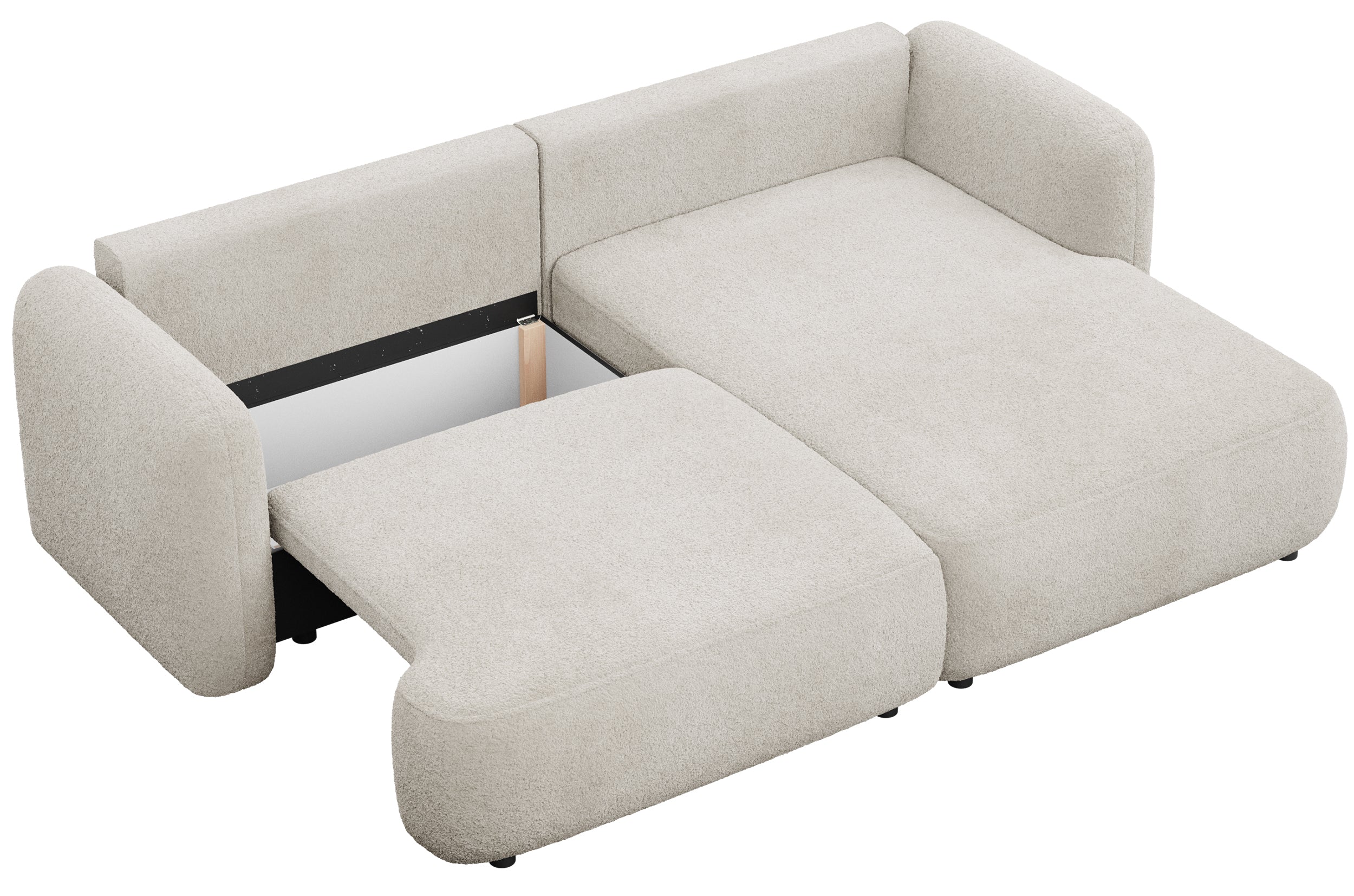 Ecksofa mit Schlaffunktion Tvoya, L-förmig, rechtsseitig, hellbeige Bouclé