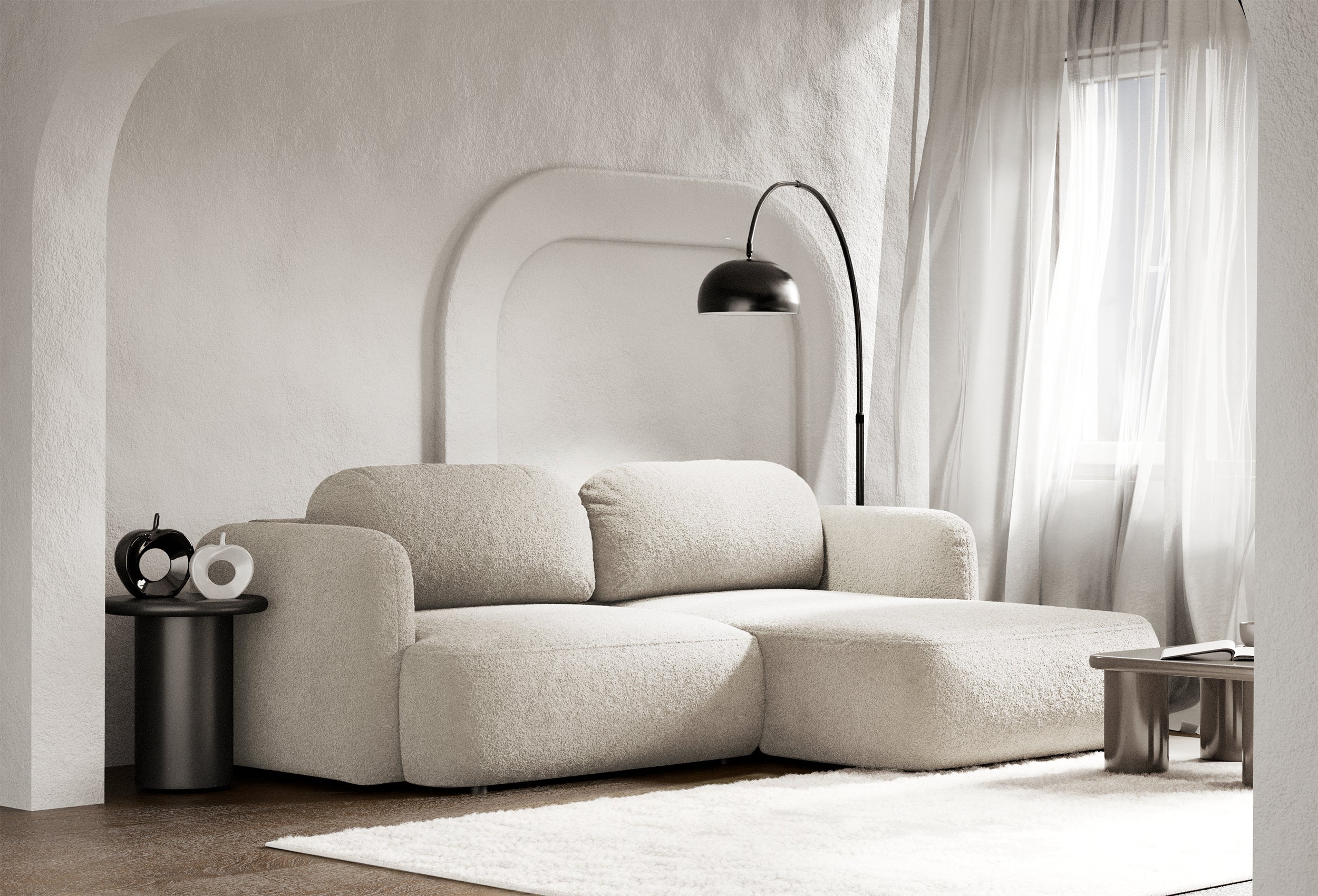 Ecksofa mit Schlaffunktion Tvoya, L-förmig, rechtsseitig, hellbeige Bouclé