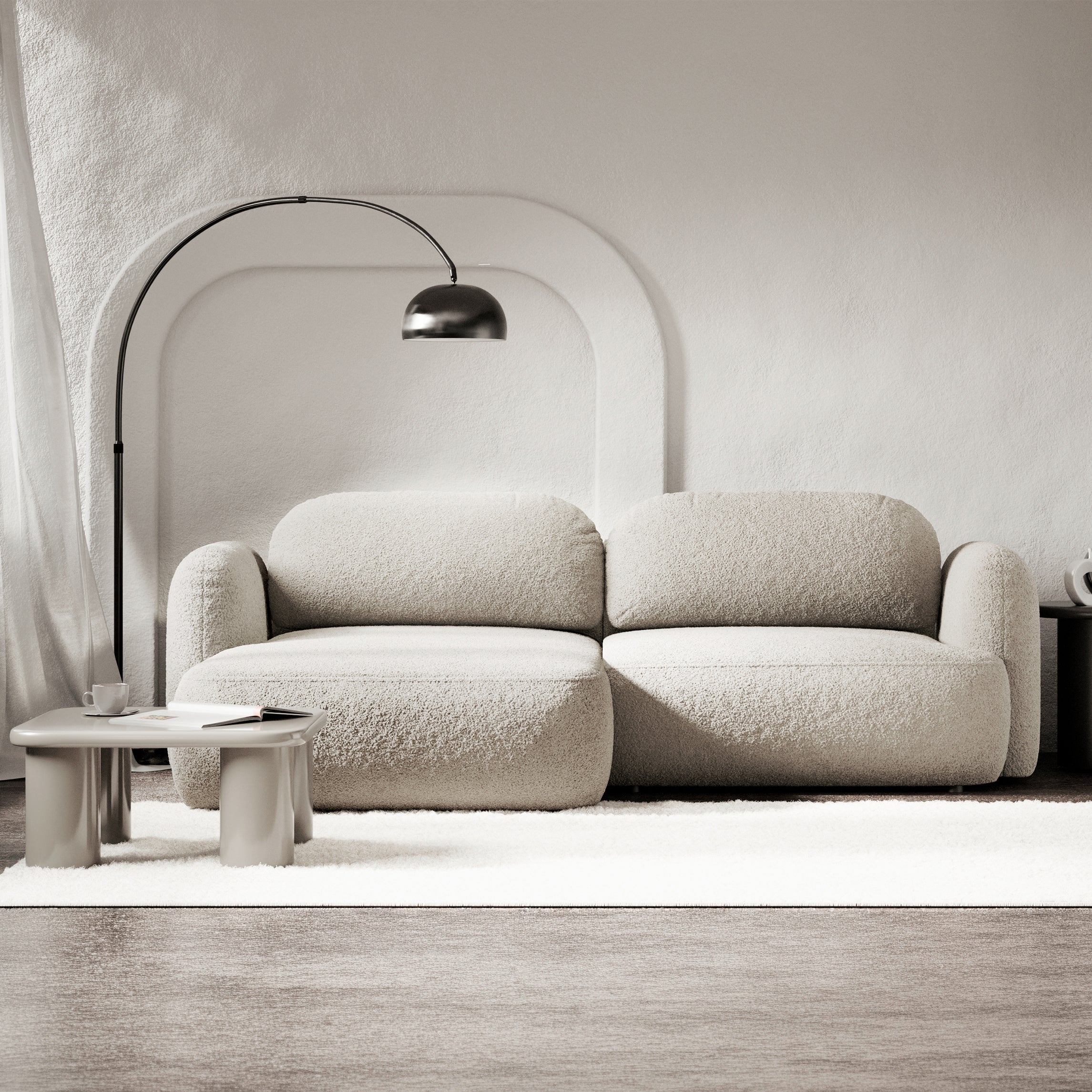 Ecksofa mit Schlaffunktion Tvoya, L-förmig, linksseitig, hellbeige Bouclé