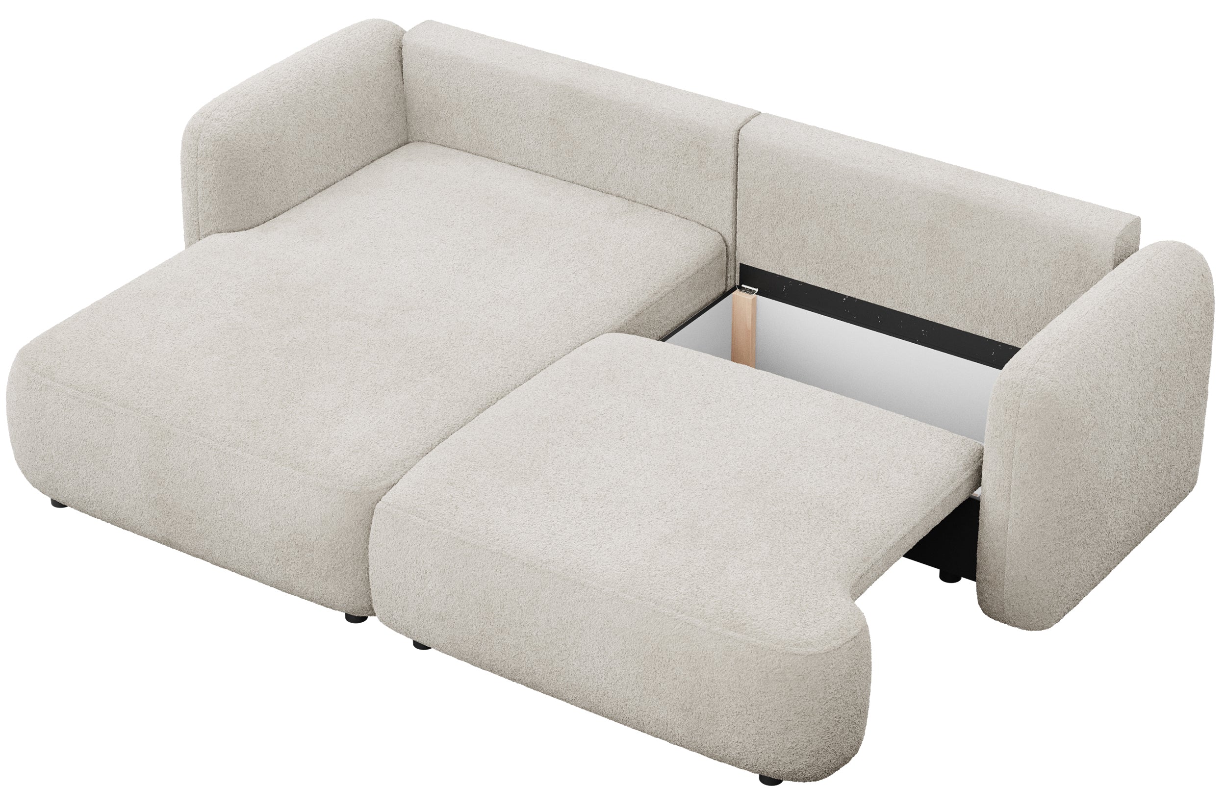 Ecksofa mit Schlaffunktion Tvoya, L-förmig, linksseitig, hellbeige Bouclé