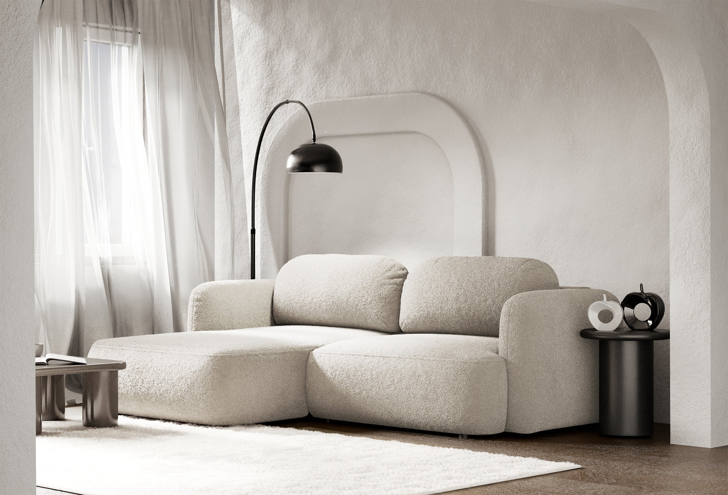 Ecksofa mit Schlaffunktion Tvoya, L-förmig, linksseitig, hellbeige Bouclé