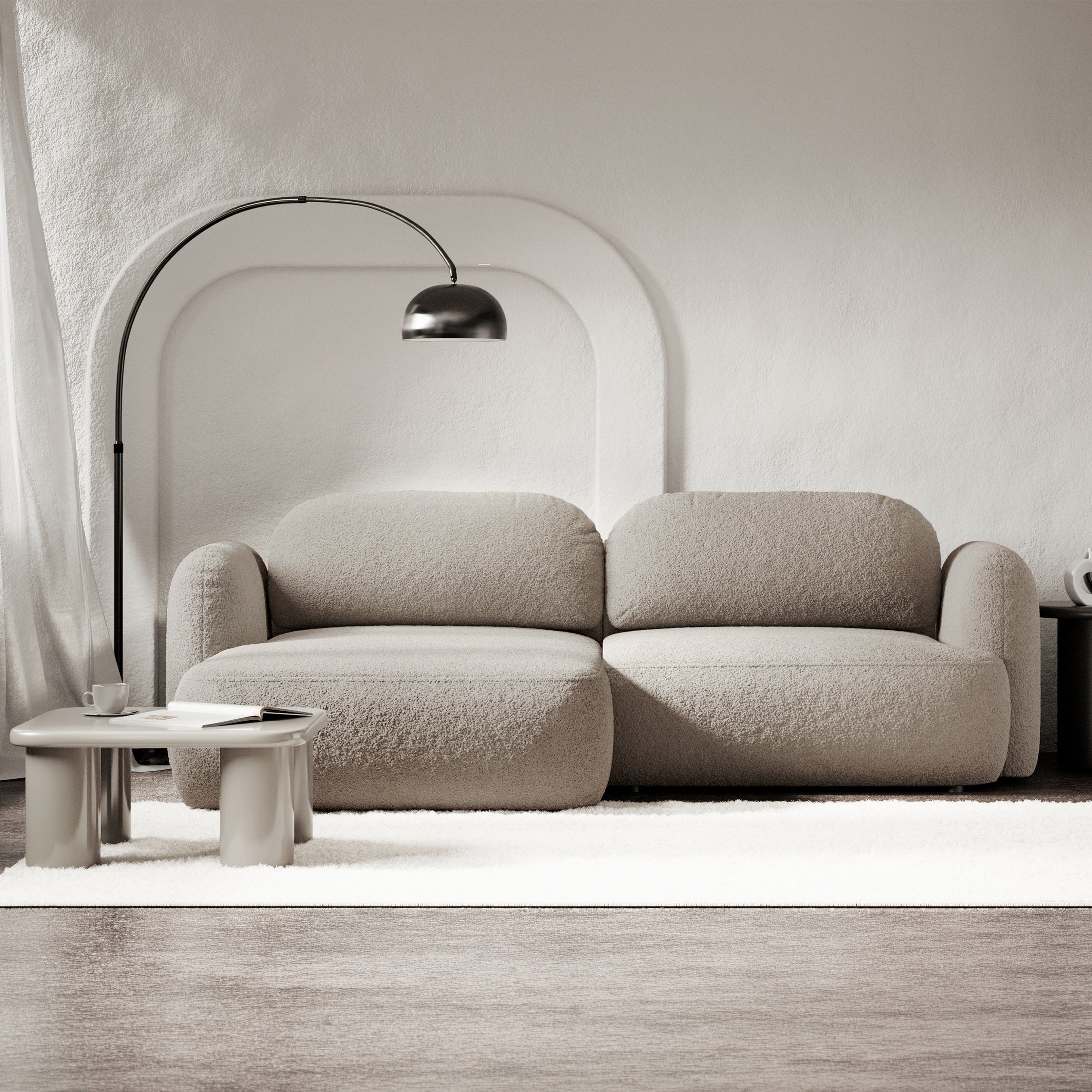 Ecksofa mit Schlafunktion Tvoya, L-förmig, linksseitig, grau-beiges Bouclé