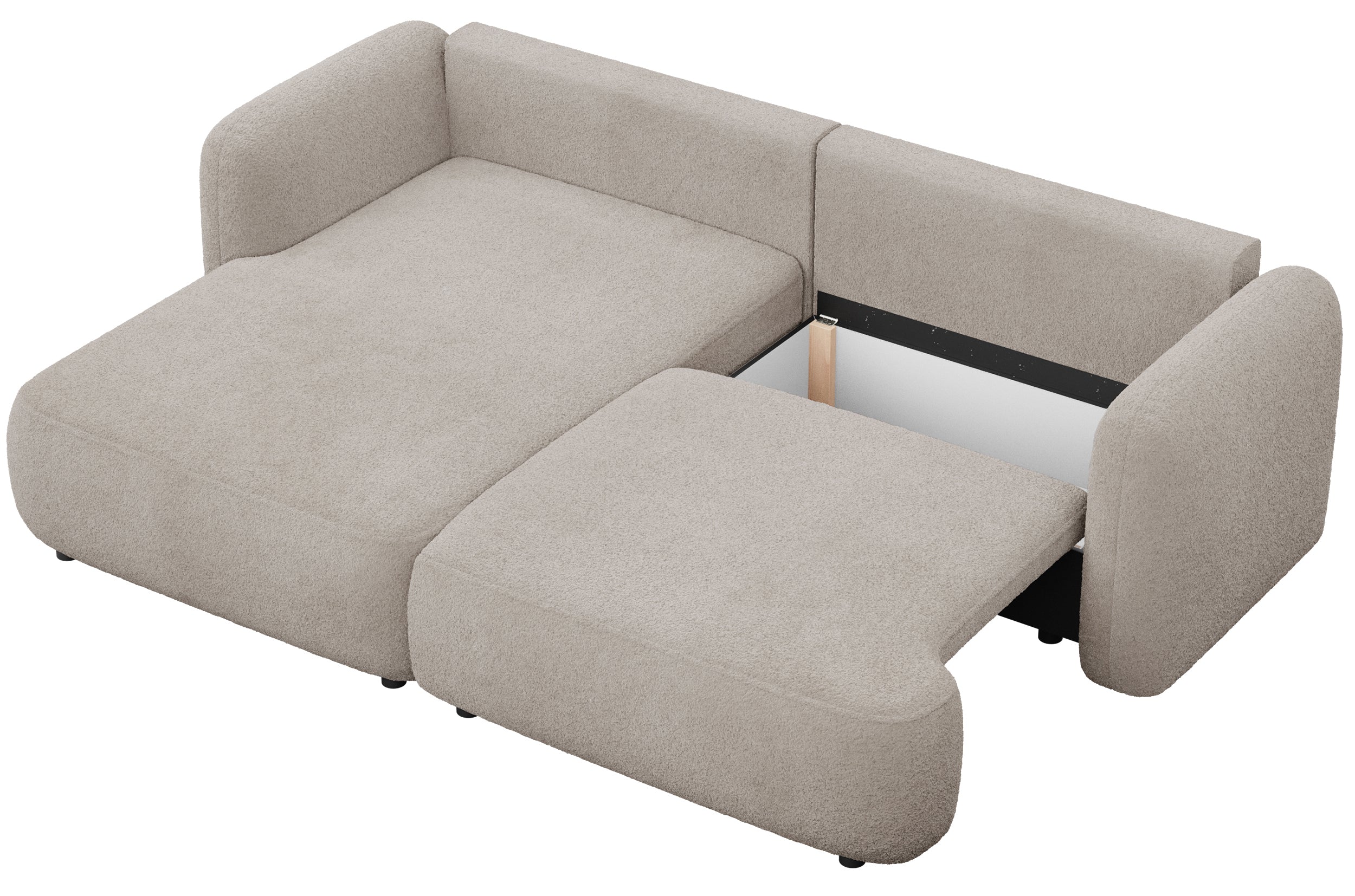 Ecksofa mit Schlafunktion Tvoya, L-förmig, linksseitig, grau-beiges Bouclé