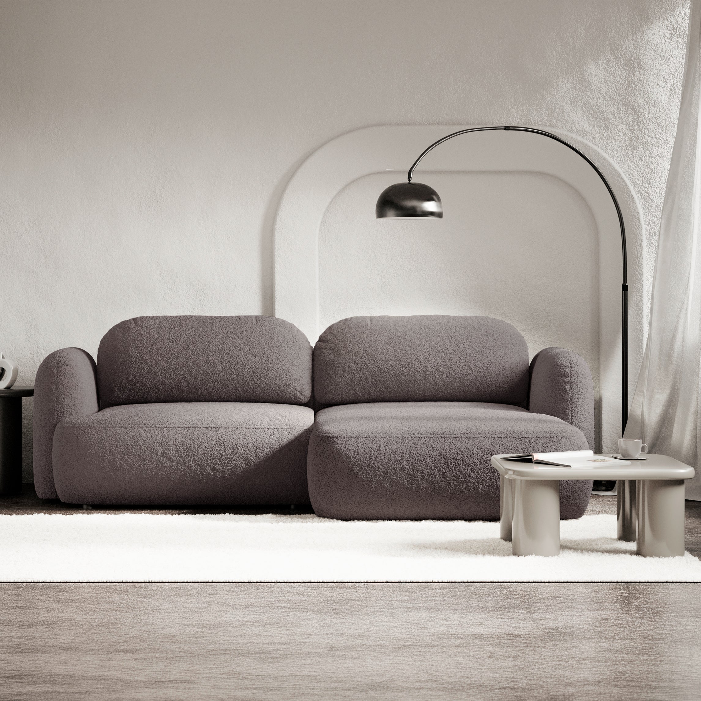 Ecksofa mit Schlaffunktion Tvoya, L-förmig, rechtsseitig, grau-braun Bouclé