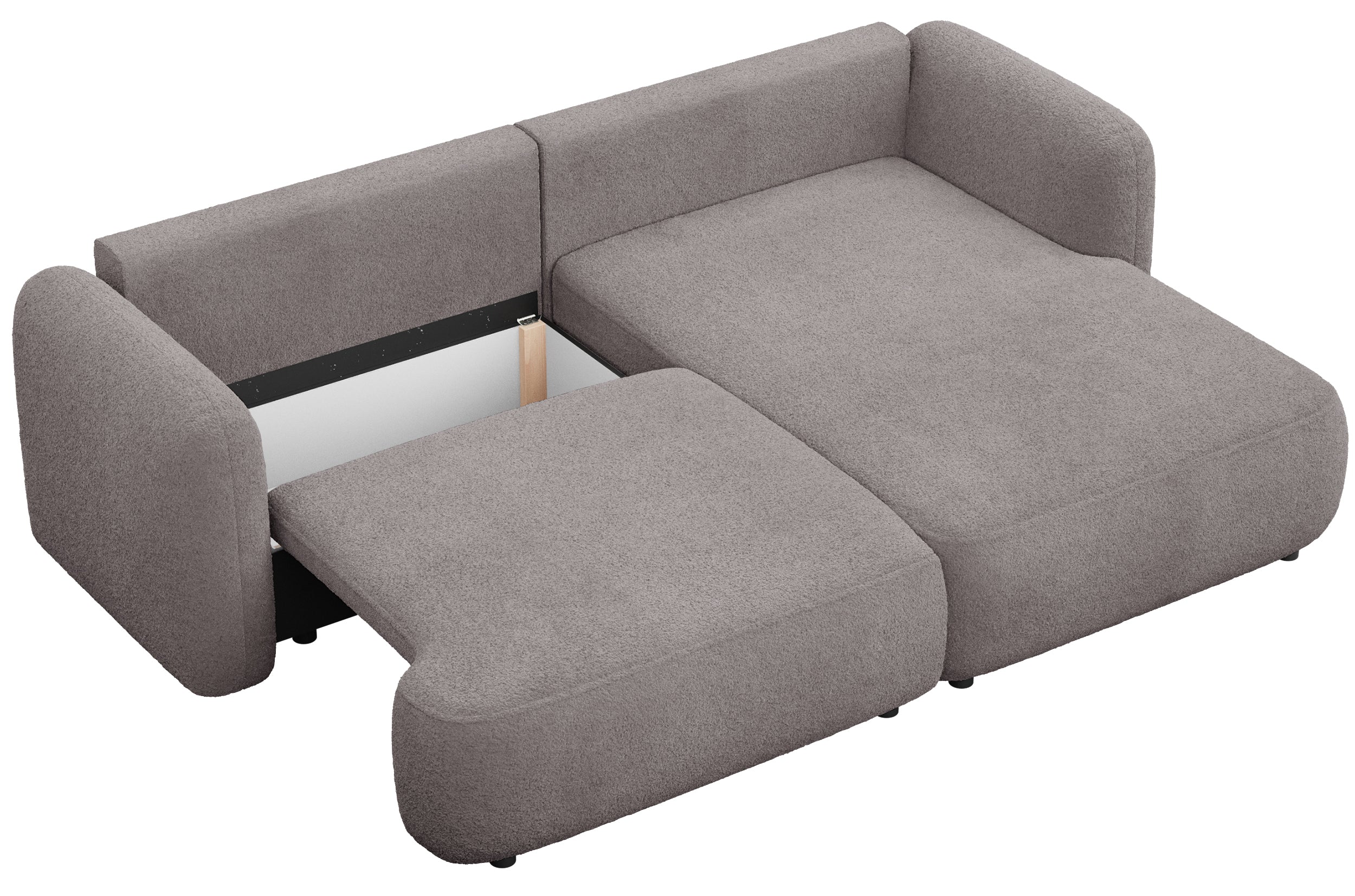 Ecksofa mit Schlaffunktion Tvoya, L-förmig, rechtsseitig, grau-braun Bouclé