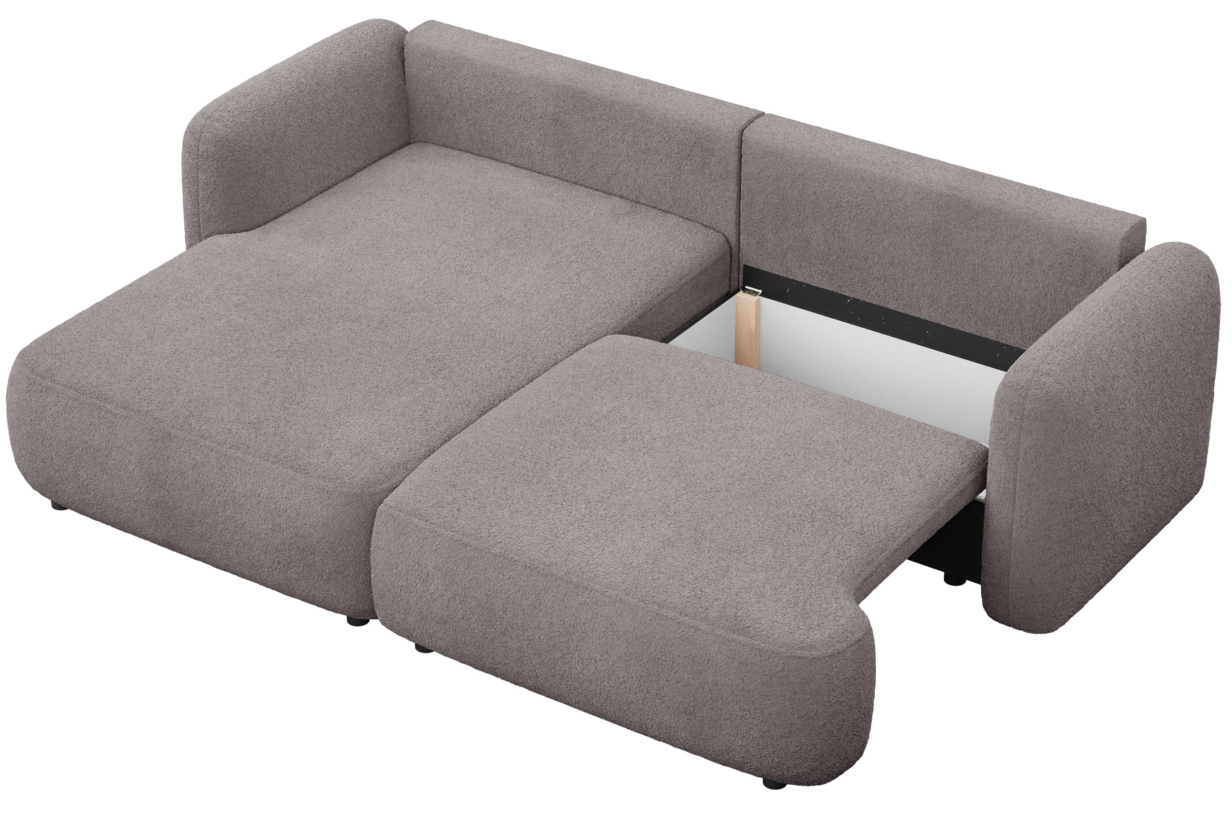 Ecksofa mit Schlaffunktion Tvoya, L-förmig, linksseitig, grau-braunes Bouclé