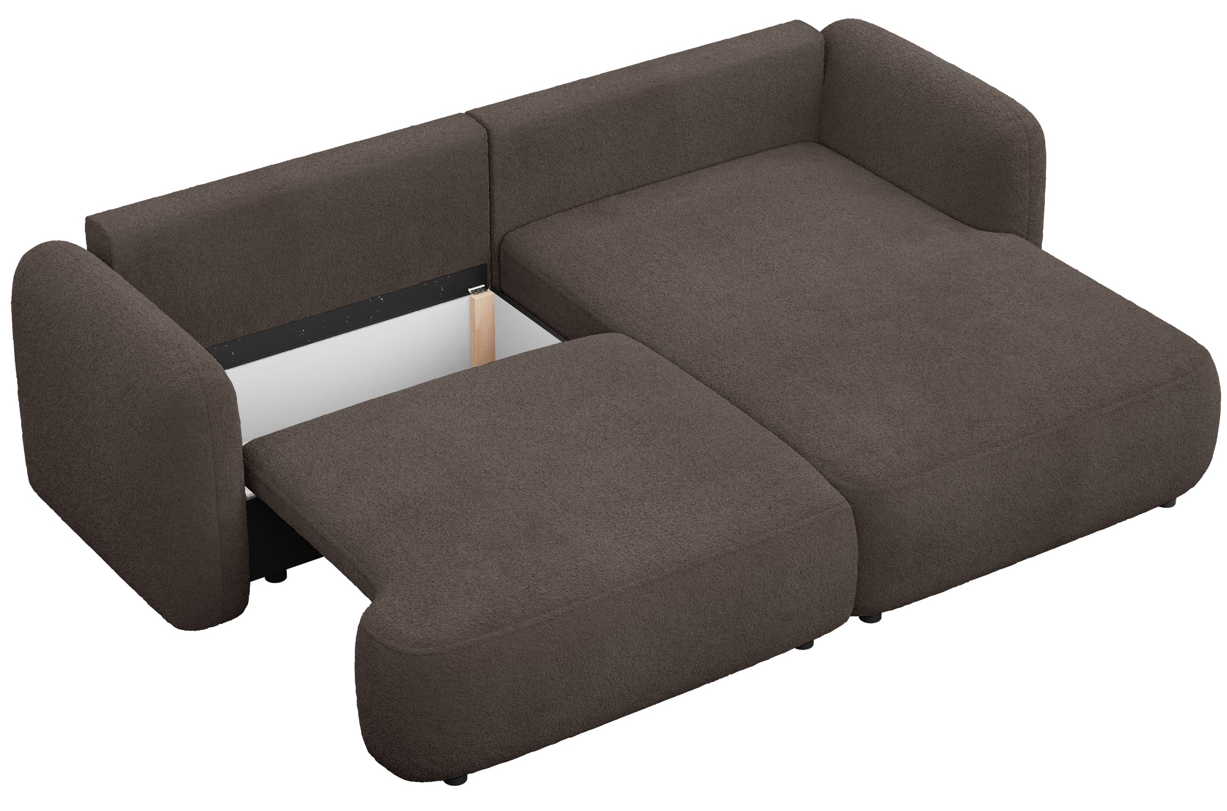 Ecksofa mit Schlaffunktion Tvoya, L-förmig, rechtsseitig, braunes Bouclé