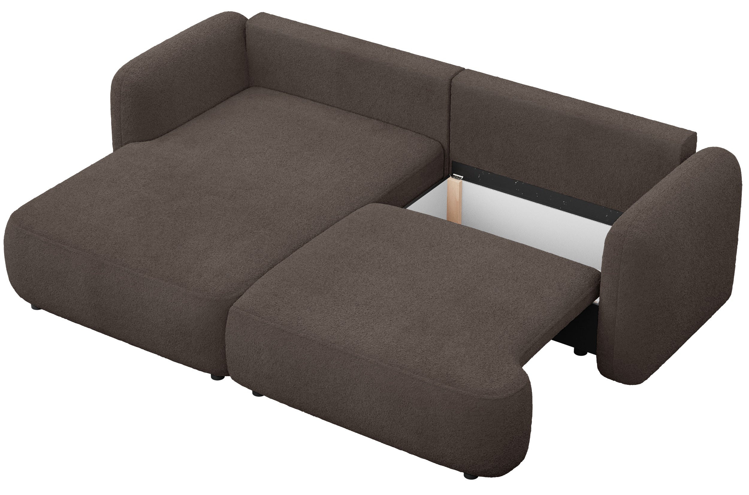 Ecksofa mit Schlaffunktion Tvoya, L-förmig, linksseitig, braunes Bouclé