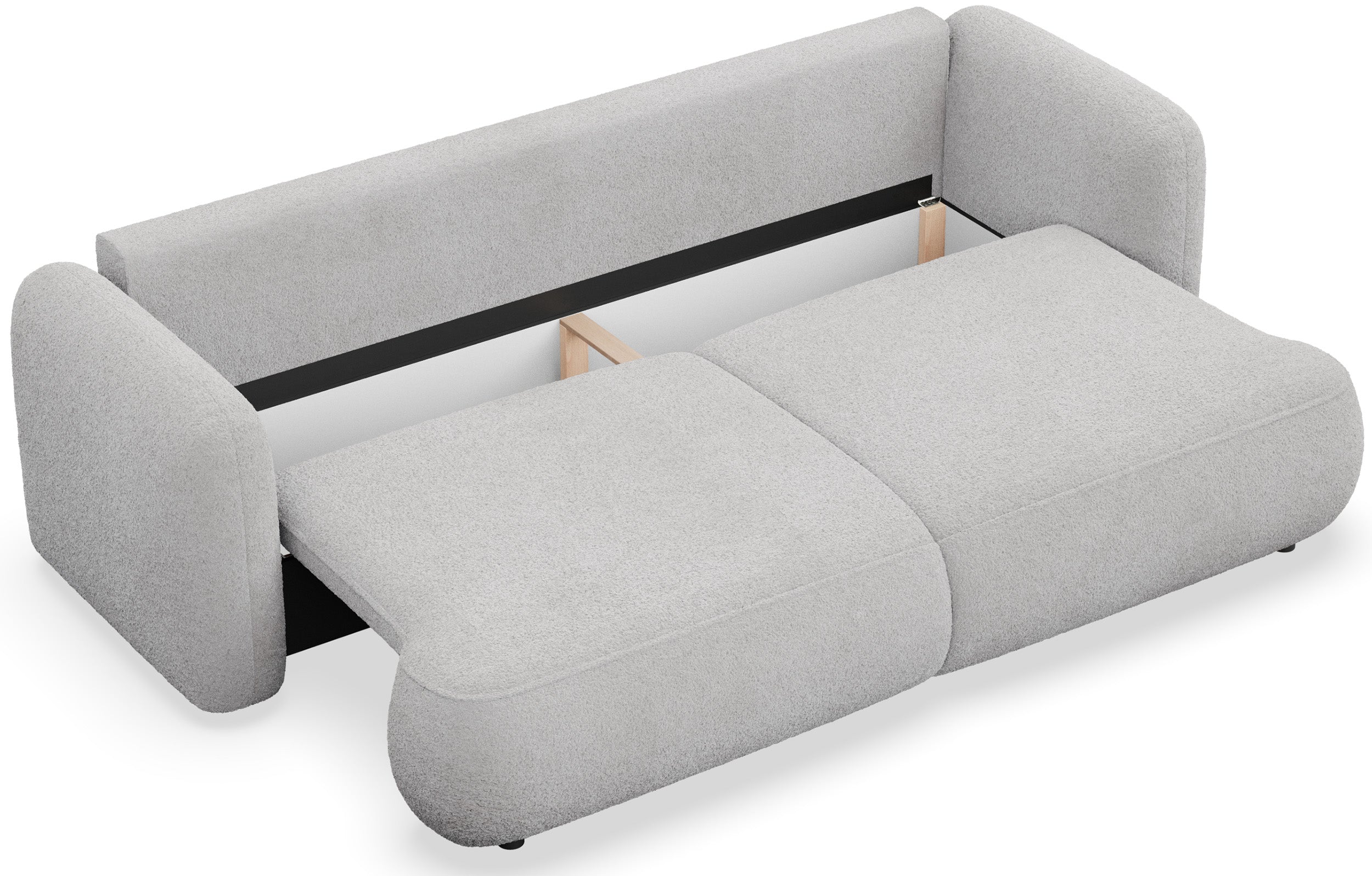 Dreisitziges ausklappbares Sofa Tvoya in hellgrauem Bouclé