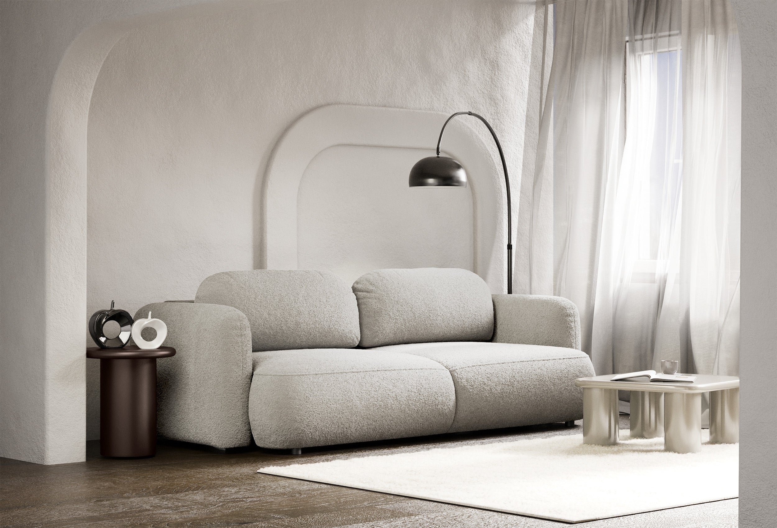 Dreisitziges ausklappbares Sofa Tvoya in hellem Beige Bouclé
