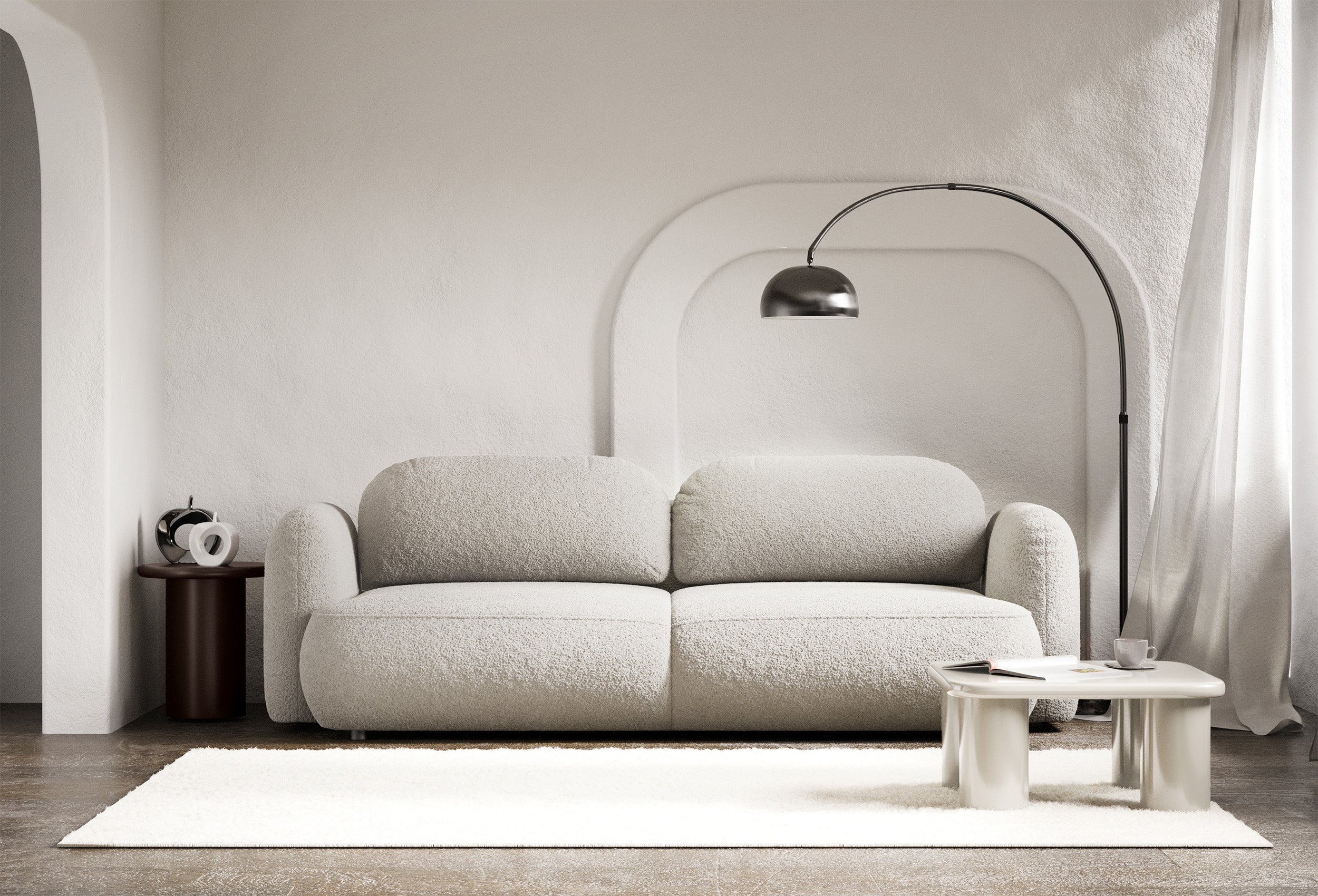 Dreisitziges ausklappbares Sofa Tvoya in hellem Beige Bouclé