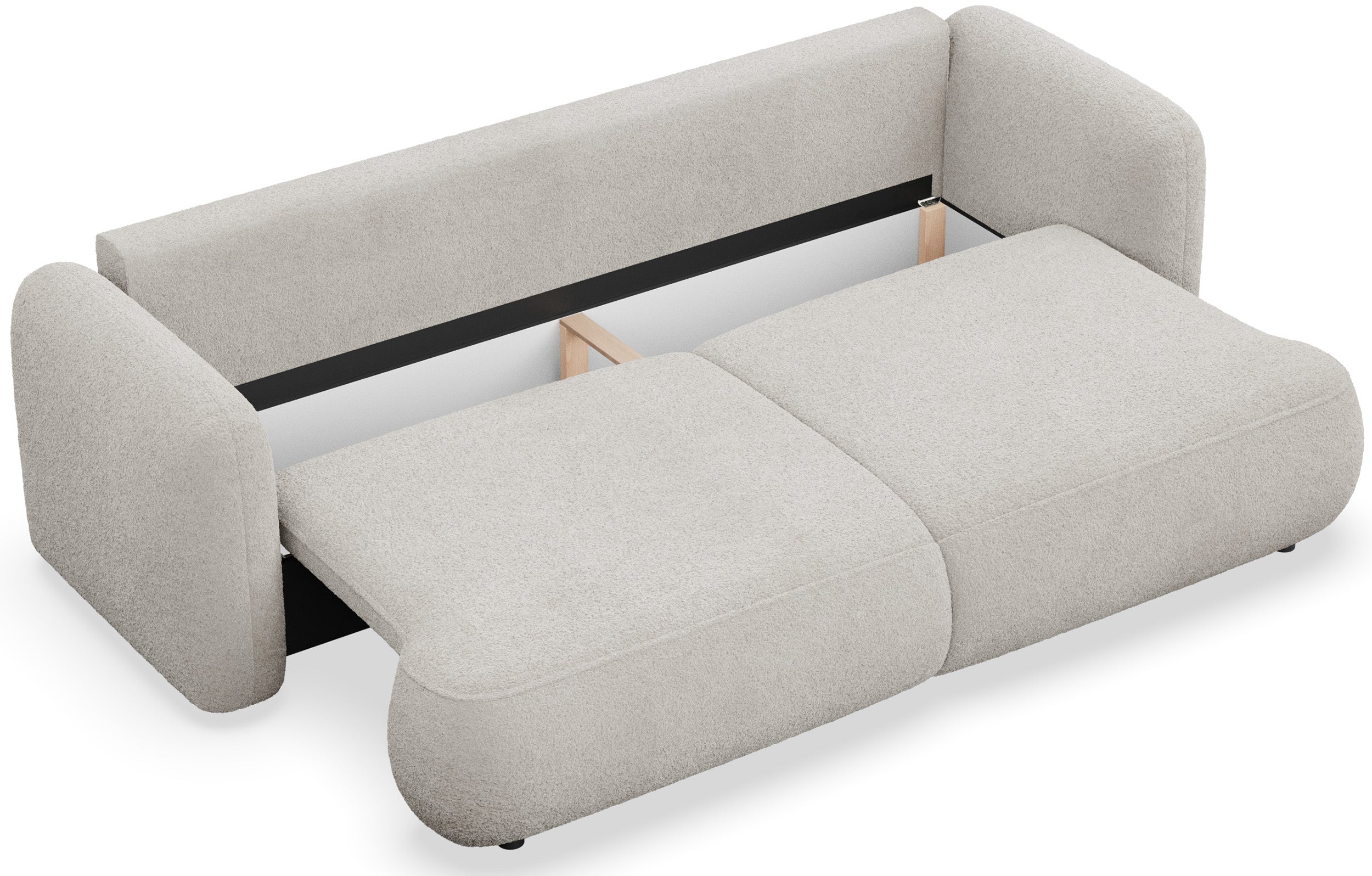 Dreisitziges ausklappbares Sofa Tvoya in hellem Beige Bouclé