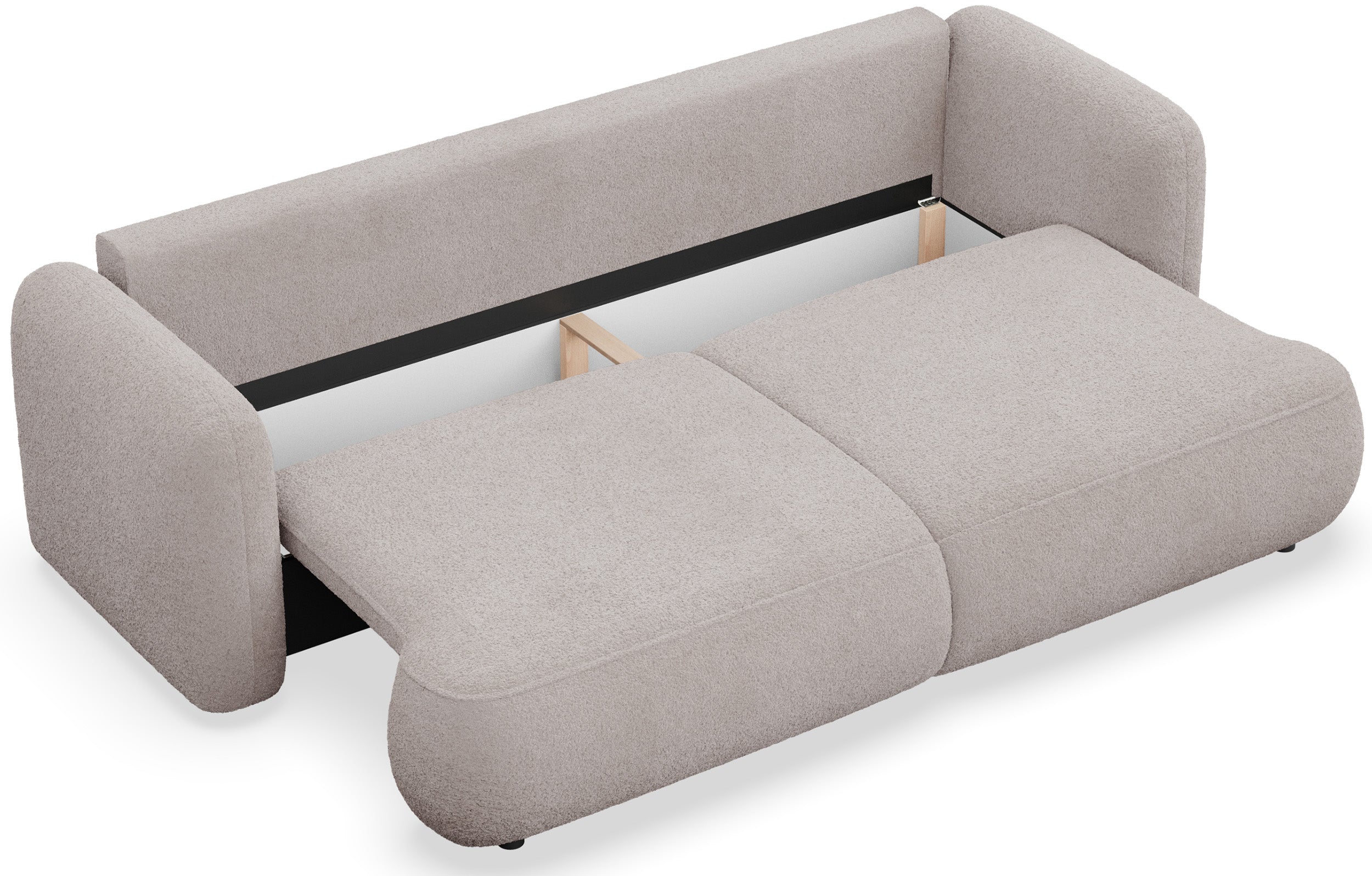 Dreisitziges ausklappbares Sofa Tvoya in grau-beigem Bouclé