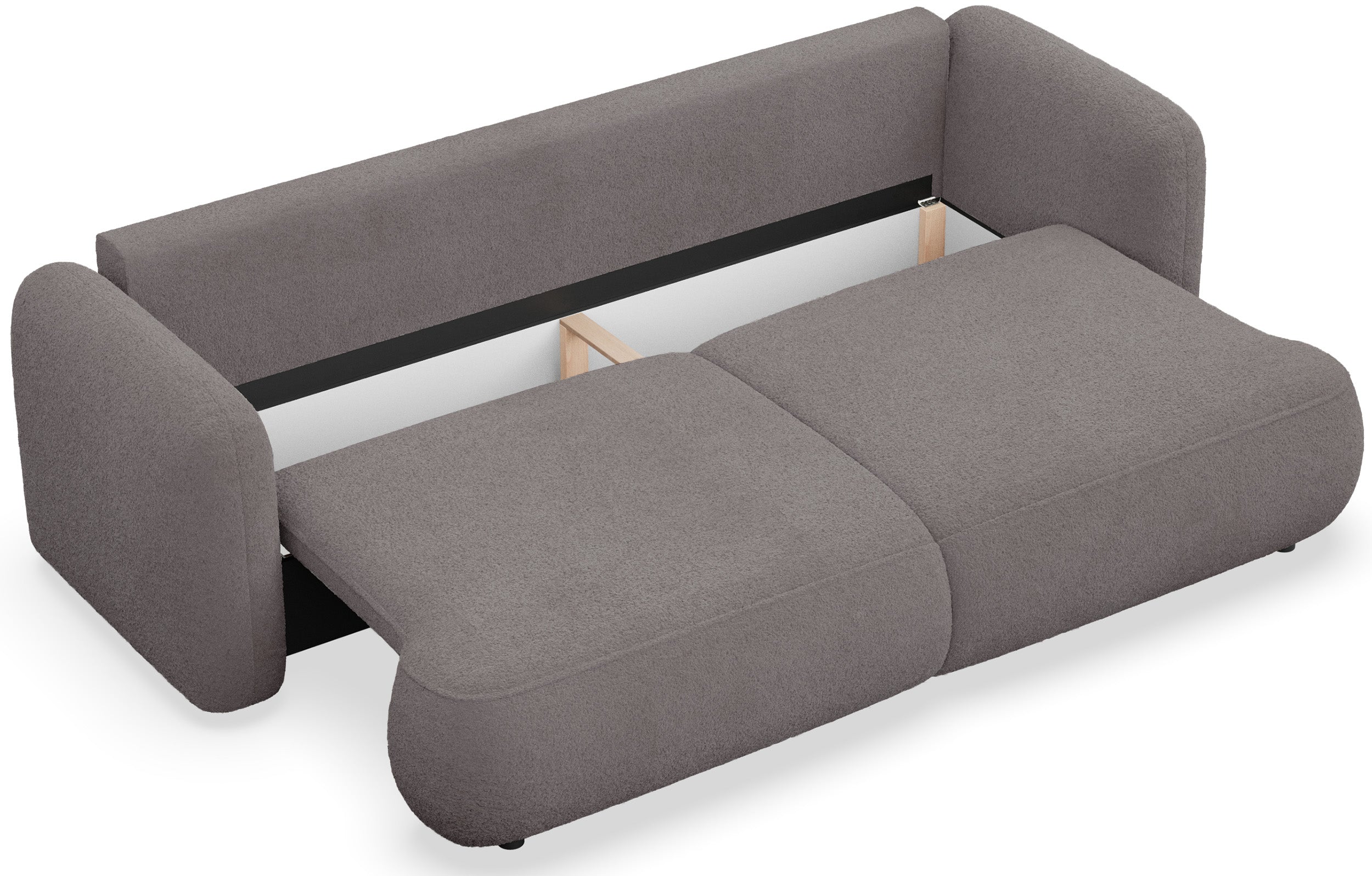Dreisitziges ausklappbares Sofa Tvoya in graubraunem Bouclé
