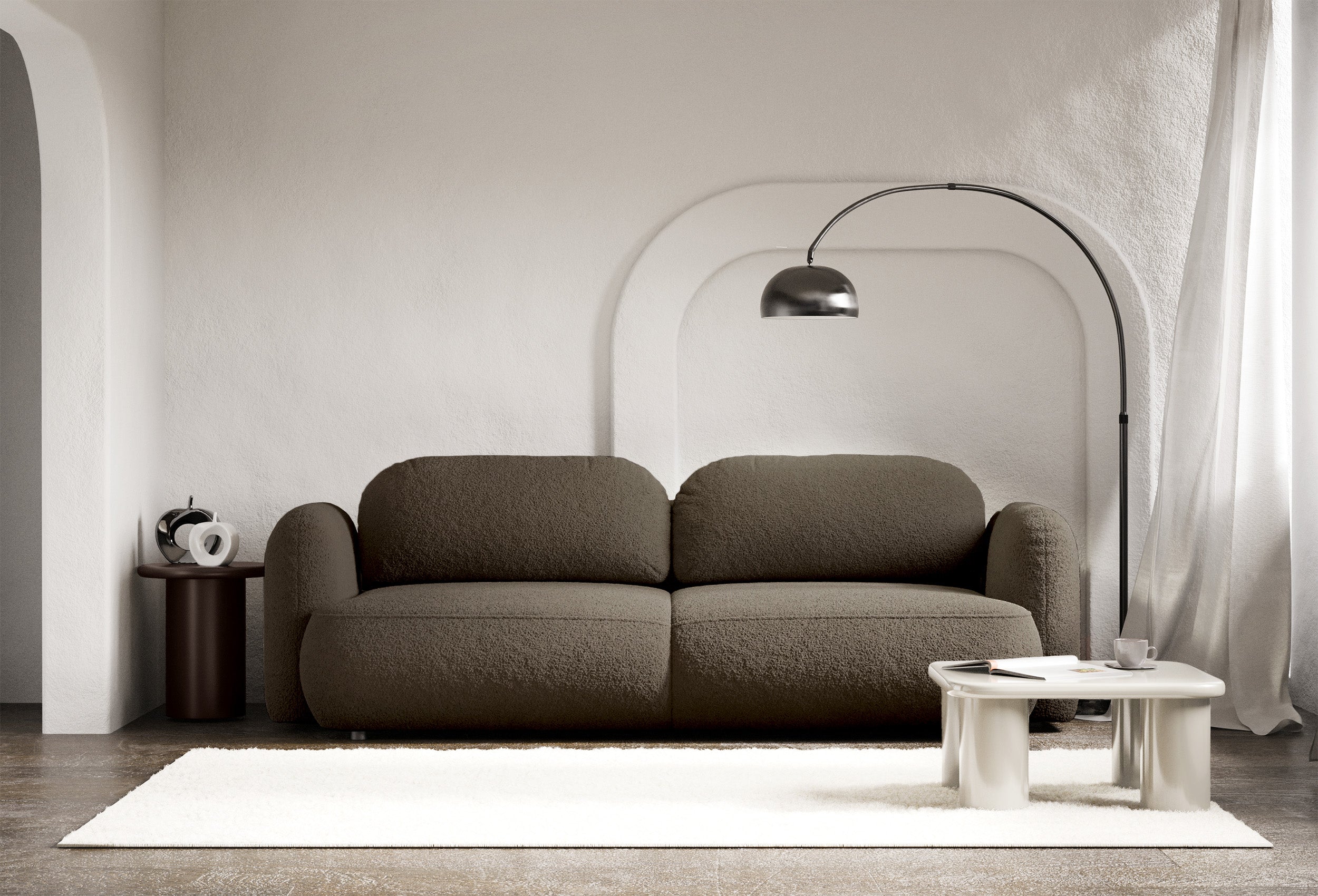 Dreisitziges ausklappbares Sofa Tvoya in braunem Bouclé