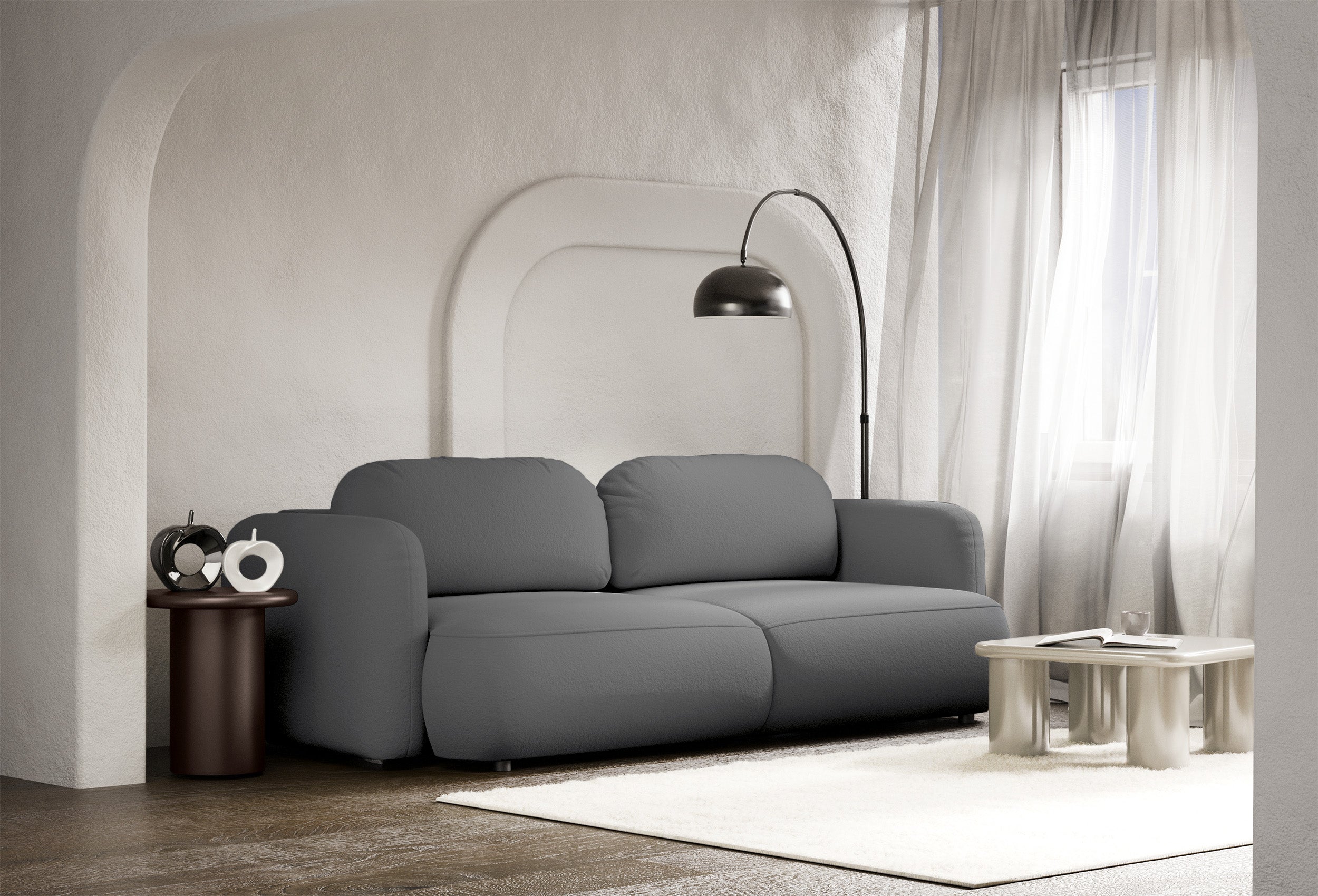 Dreisitziges ausklappbares Sofa Tvoya in grauem Chenille