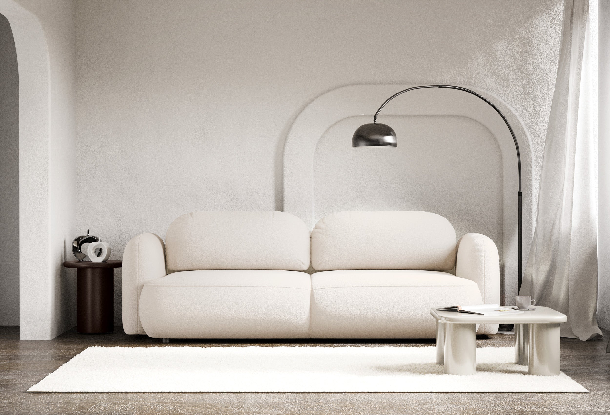 Drei-Sitzer ausklappbares Sofa Tvoya in cremefarbenem Chenille