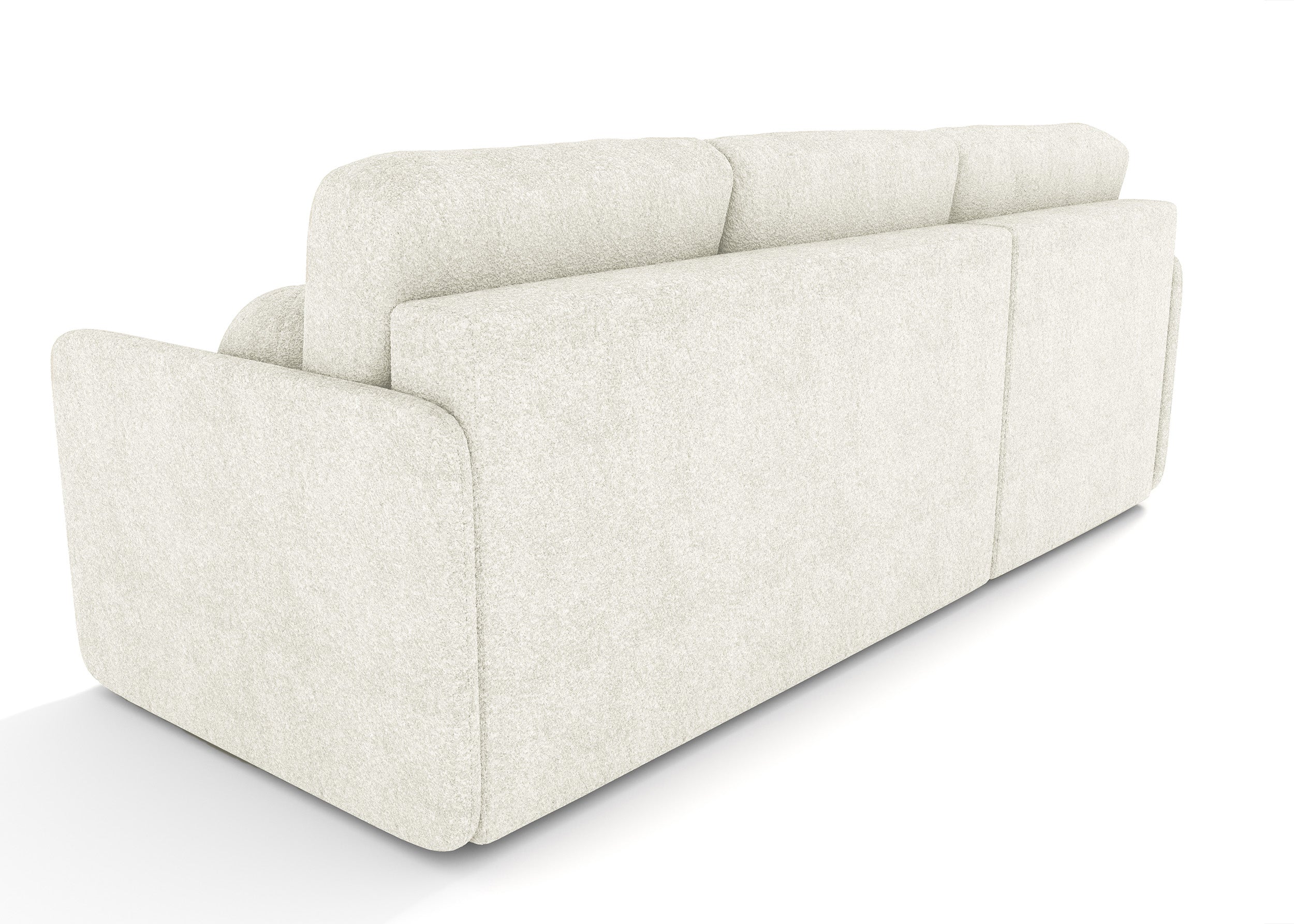 Ecksofa mit Schlaffunktion Bloom, L-förmig, mit Stauraum, cremefarbener Bouclé-Stoff, universell einsetzbar