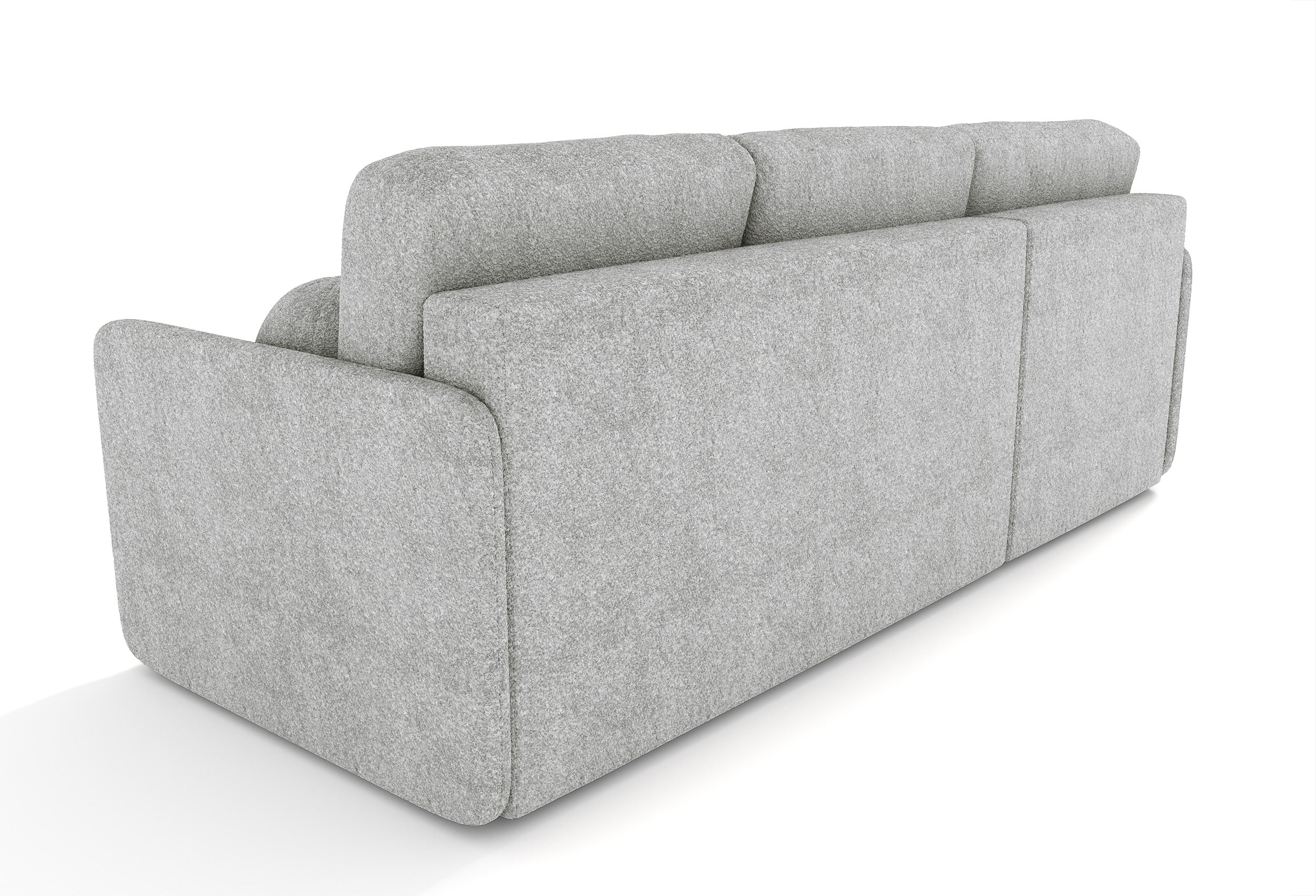 Ecksofa mit Schlaffunktion Bloom, L-förmig, mit Stauraum, grauer Bouclé, universell einsetzbar