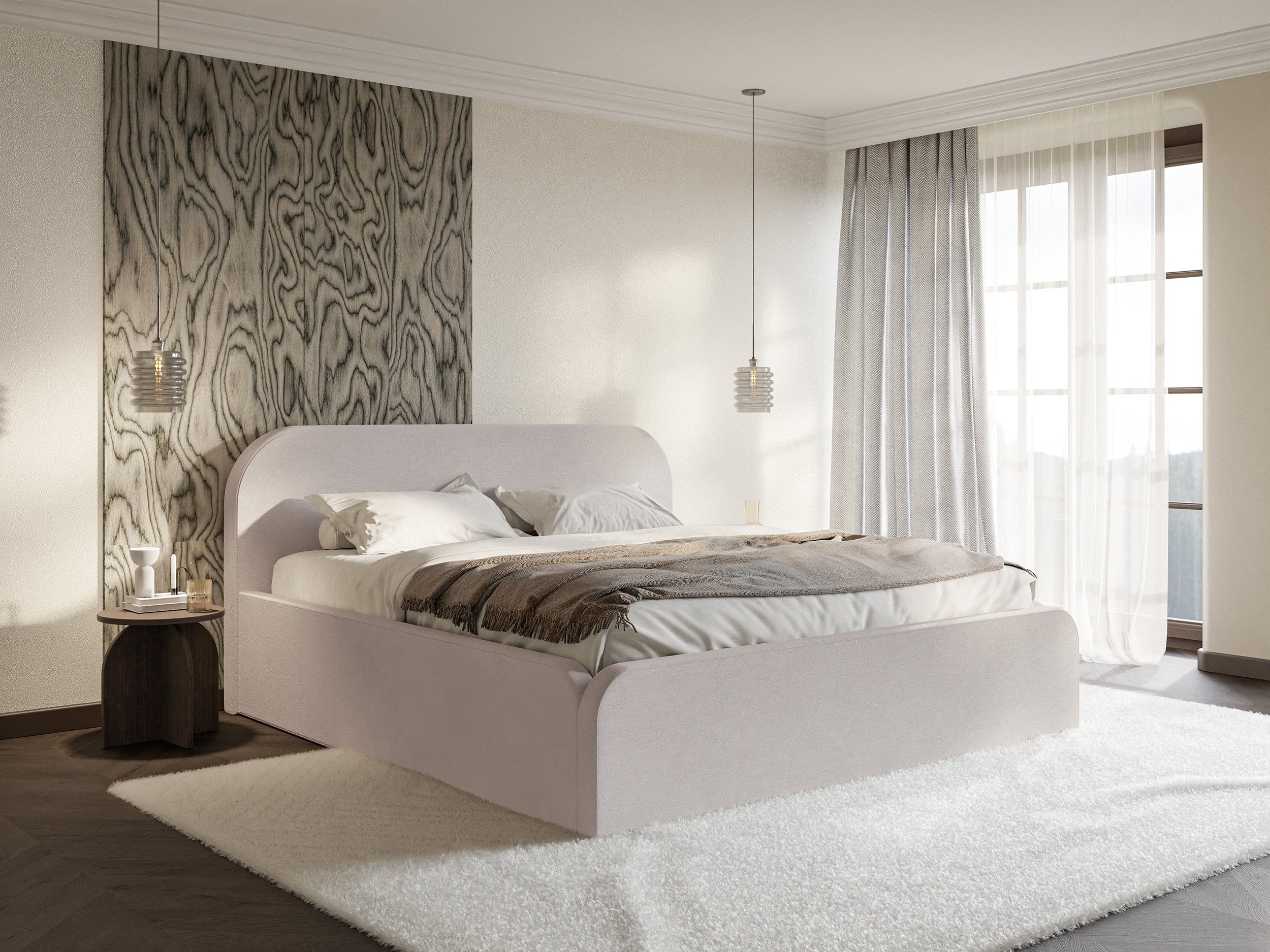 Gepolstertes Bett 140x200 cm Umike mit Stauraum, grau-beiger Velours, wasserabweisend