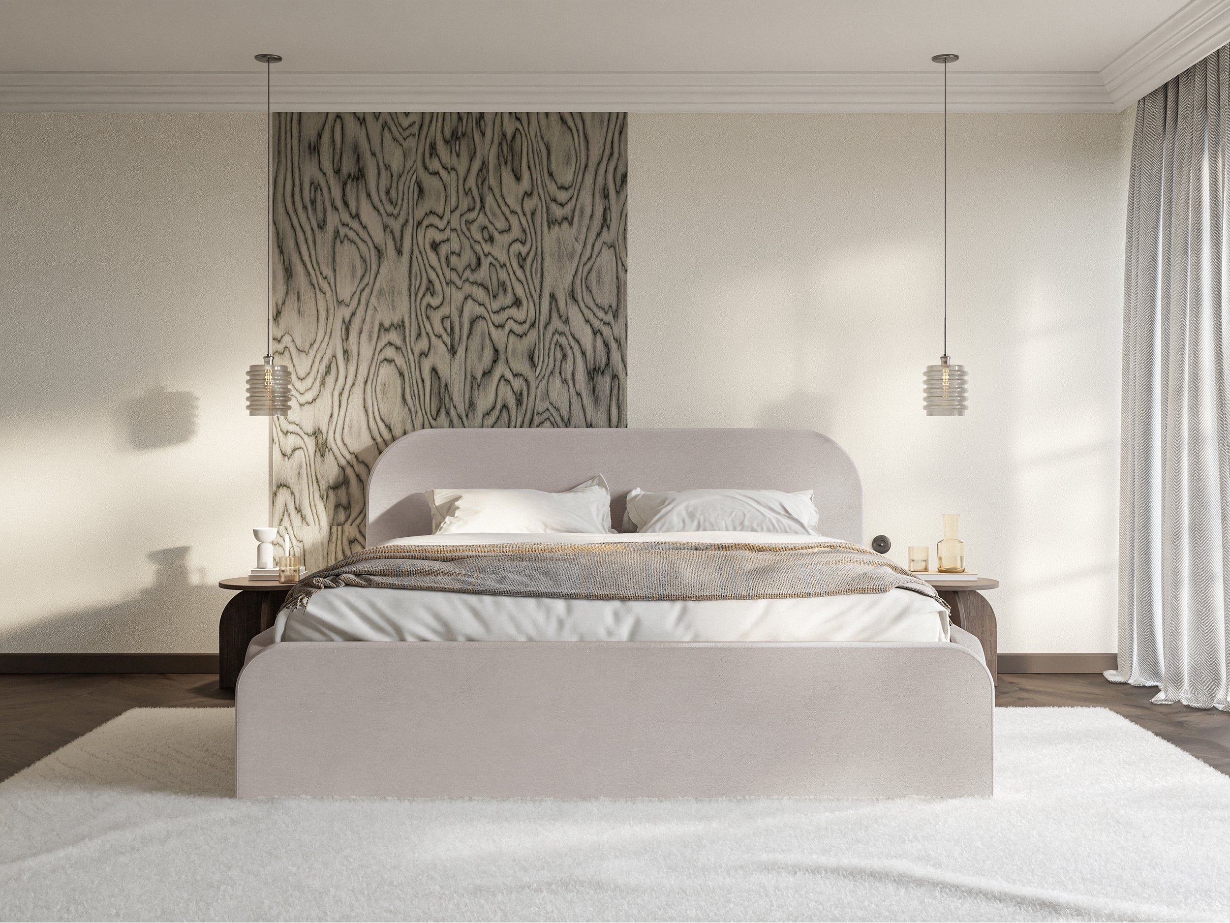 Gepolstertes Bett 140x200 cm Umike mit Stauraum, grau-beiger Velours, wasserabweisend