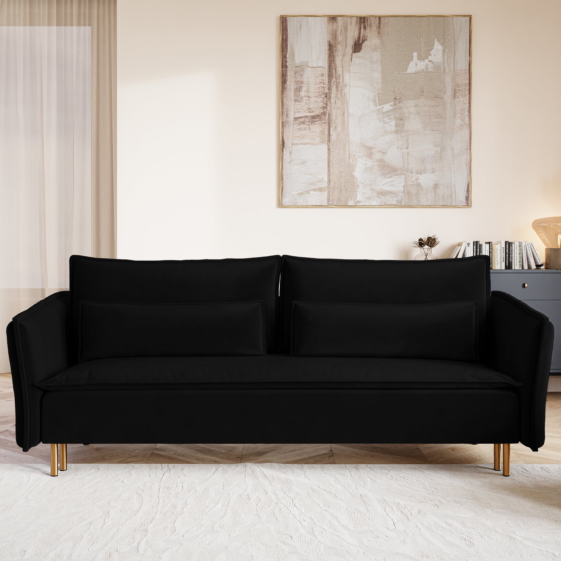 Drei-Sitzer-Schlafsofa Ummo mit Stauraum, schwarzer hydrophober Samt, goldene Beine