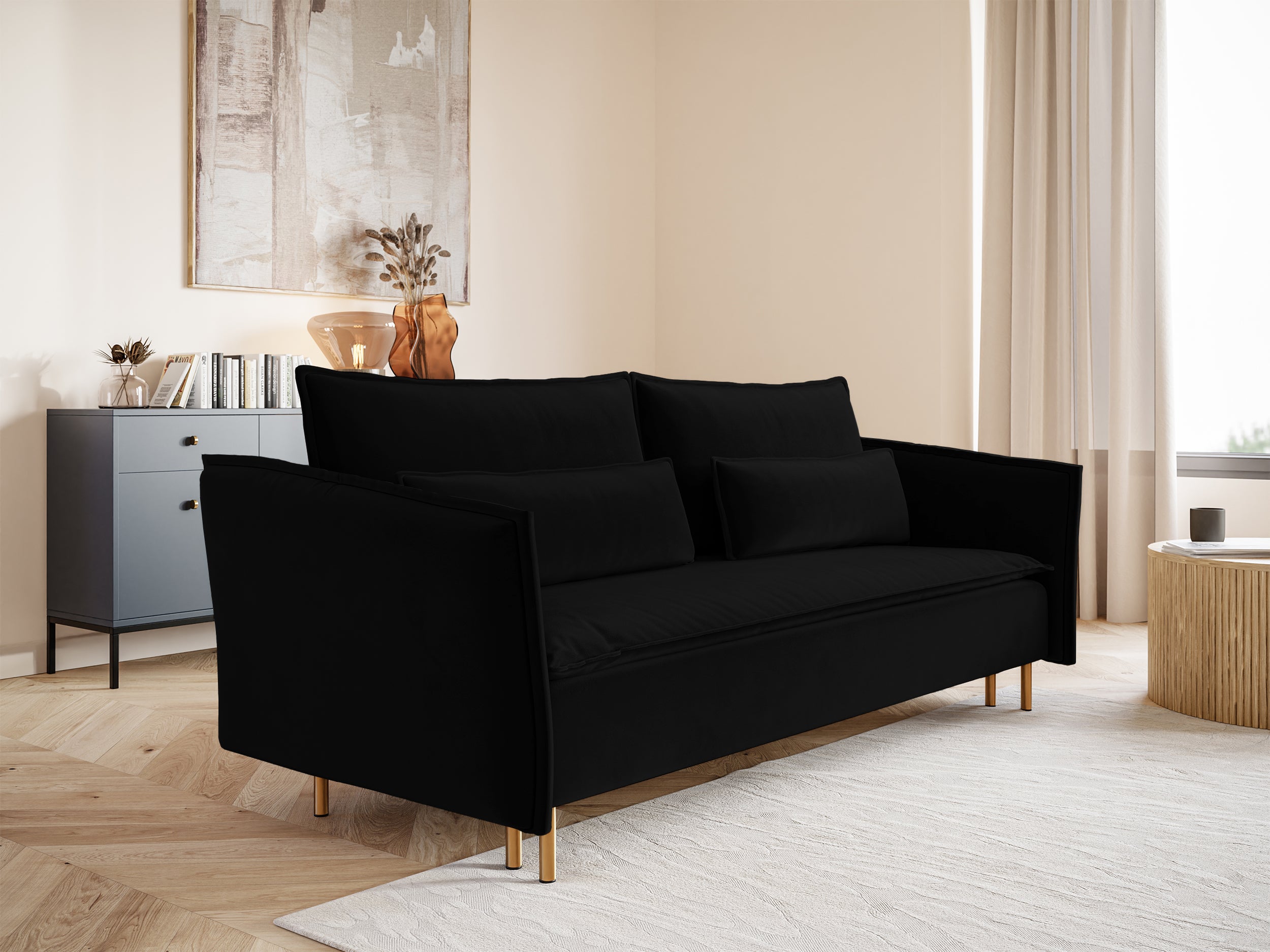 Drei-Sitzer-Schlafsofa Ummo mit Stauraum, schwarzer hydrophober Samt, goldene Beine