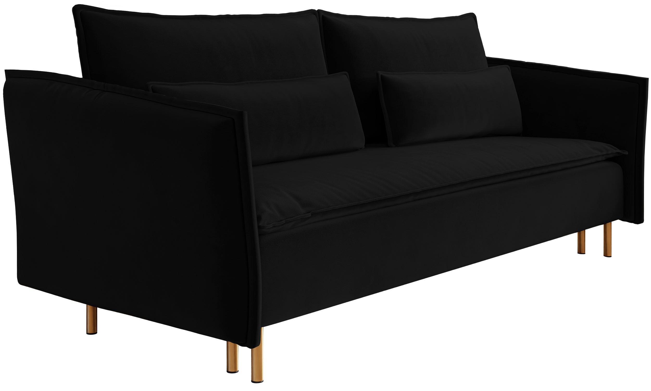 Drei-Sitzer-Schlafsofa Ummo mit Stauraum, schwarzer hydrophober Samt, goldene Beine
