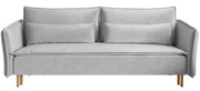 Dreisitziges ausklappbares Sofa Ummo mit Stauraum, hellgrauer wasserabweisender Velours, goldene Beine