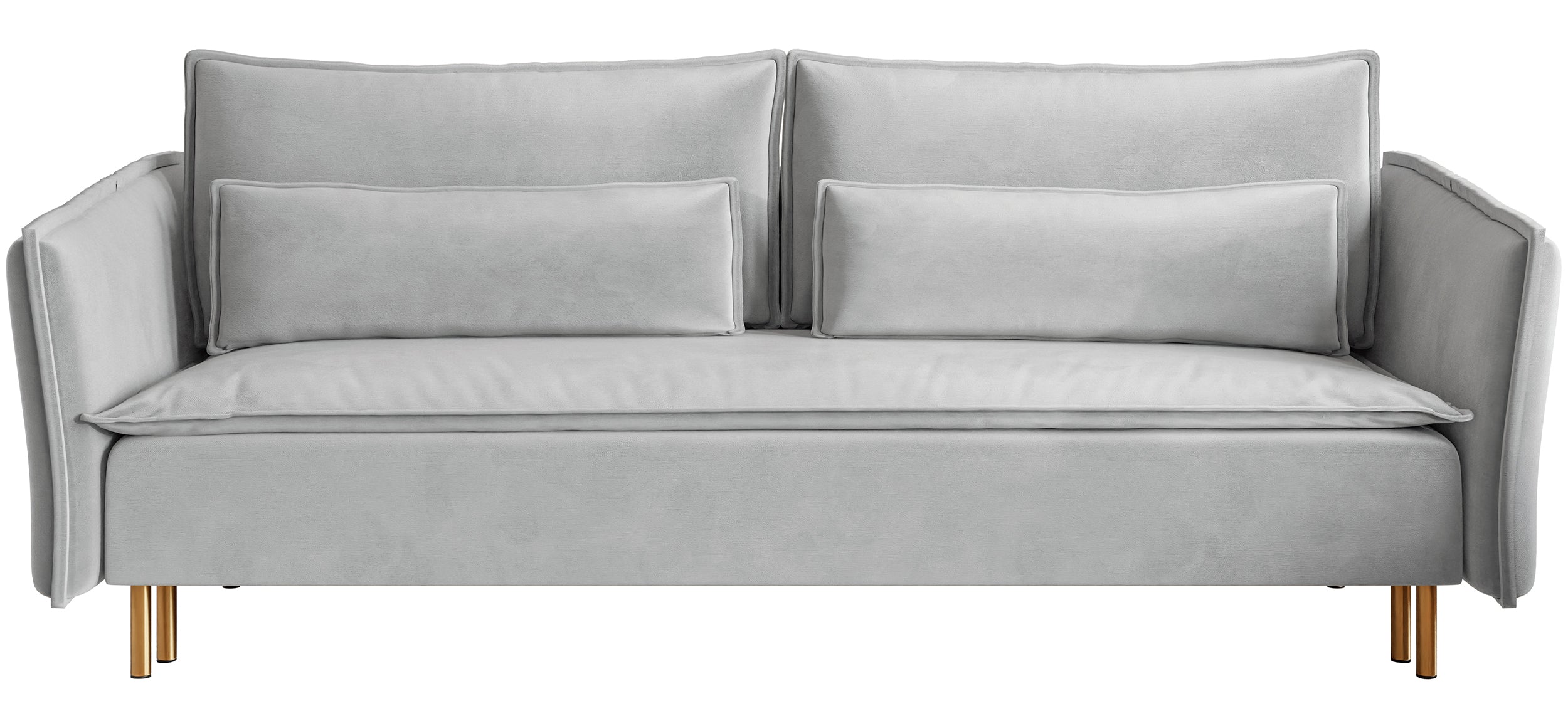 Dreisitziges ausklappbares Sofa Ummo mit Stauraum, hellgrauer wasserabweisender Velours, goldene Beine