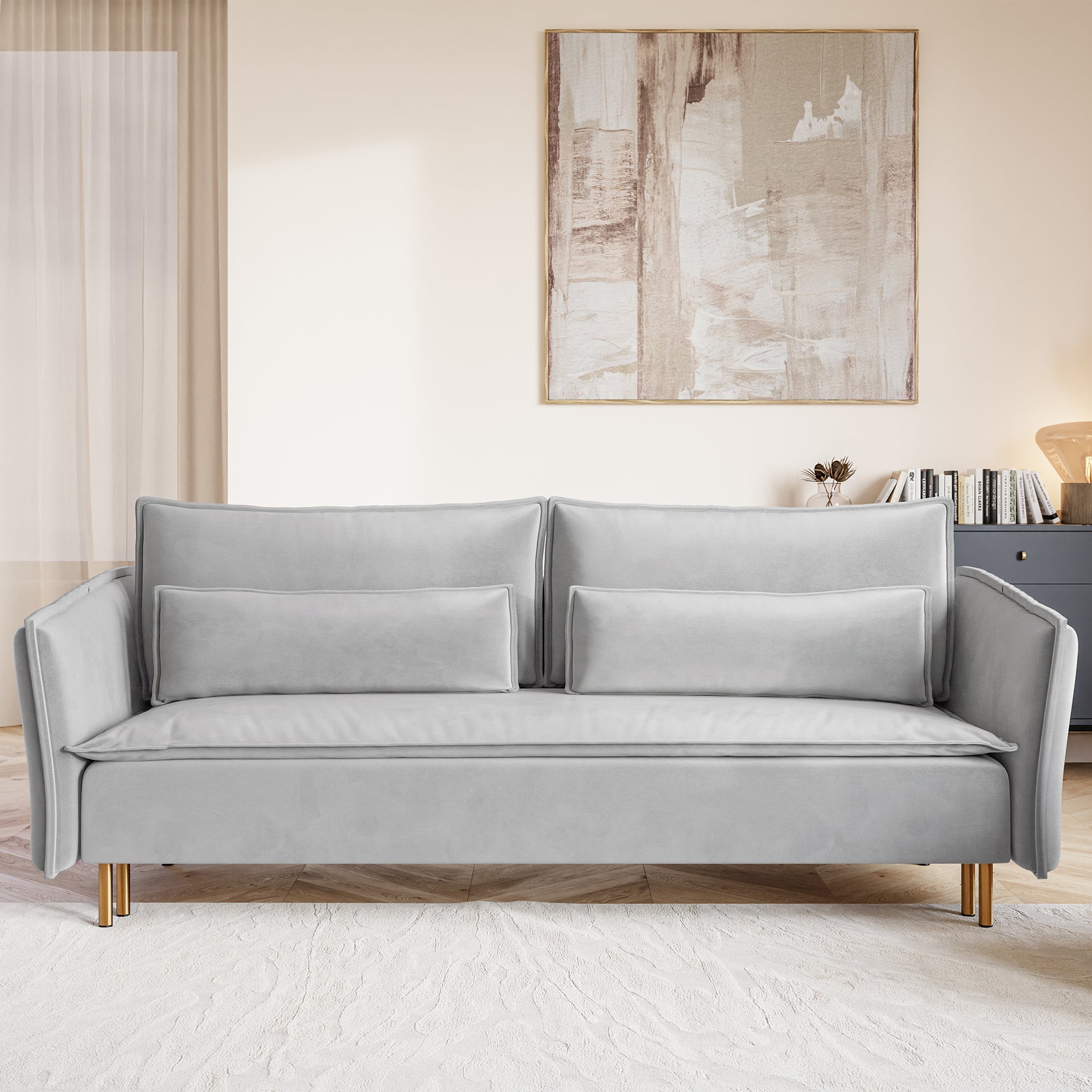 Dreisitziges ausklappbares Sofa Ummo mit Stauraum, hellgrauer wasserabweisender Velours, goldene Beine