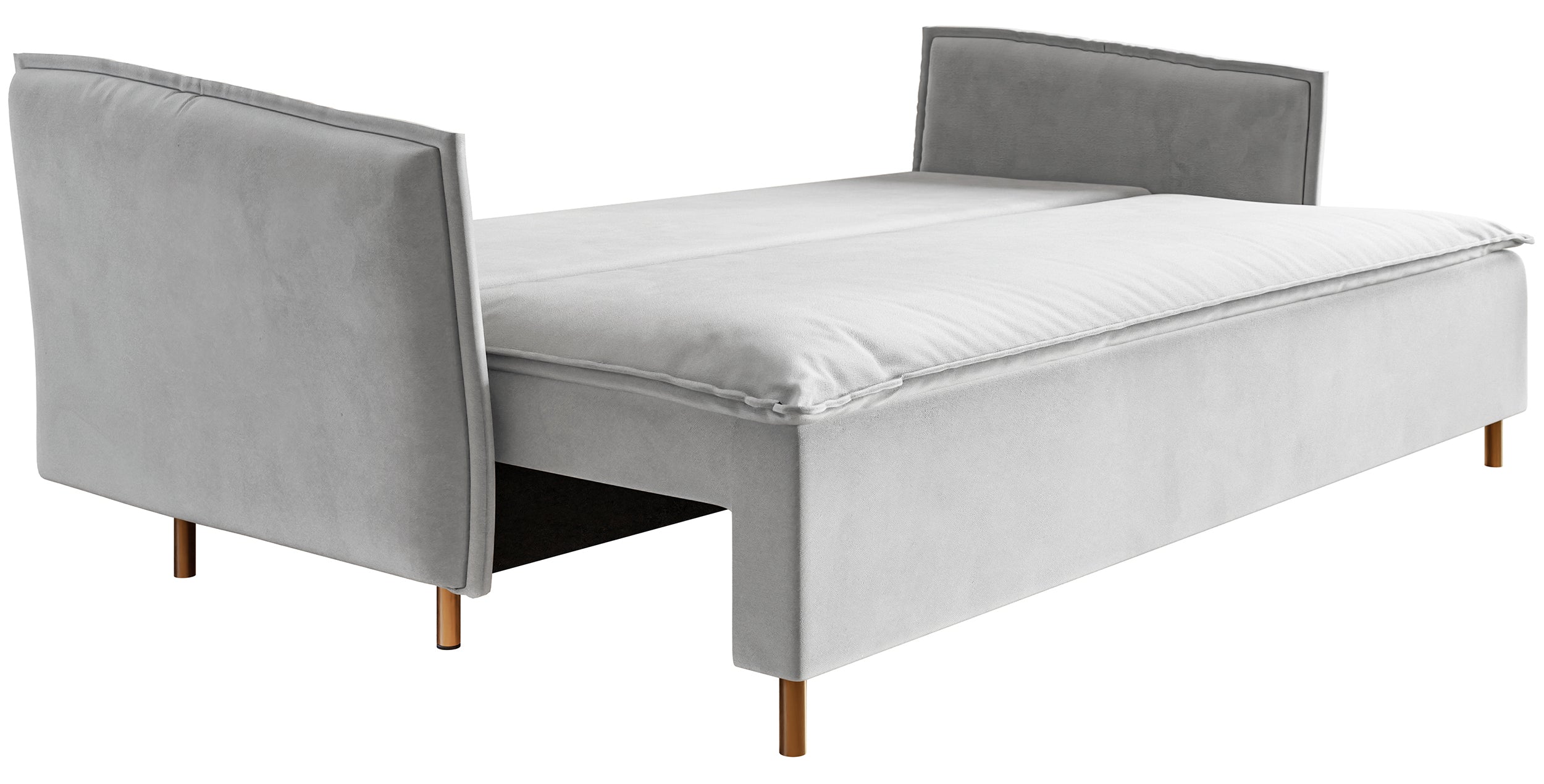 Dreisitziges ausklappbares Sofa Ummo mit Stauraum, hellgrauer wasserabweisender Velours, goldene Beine