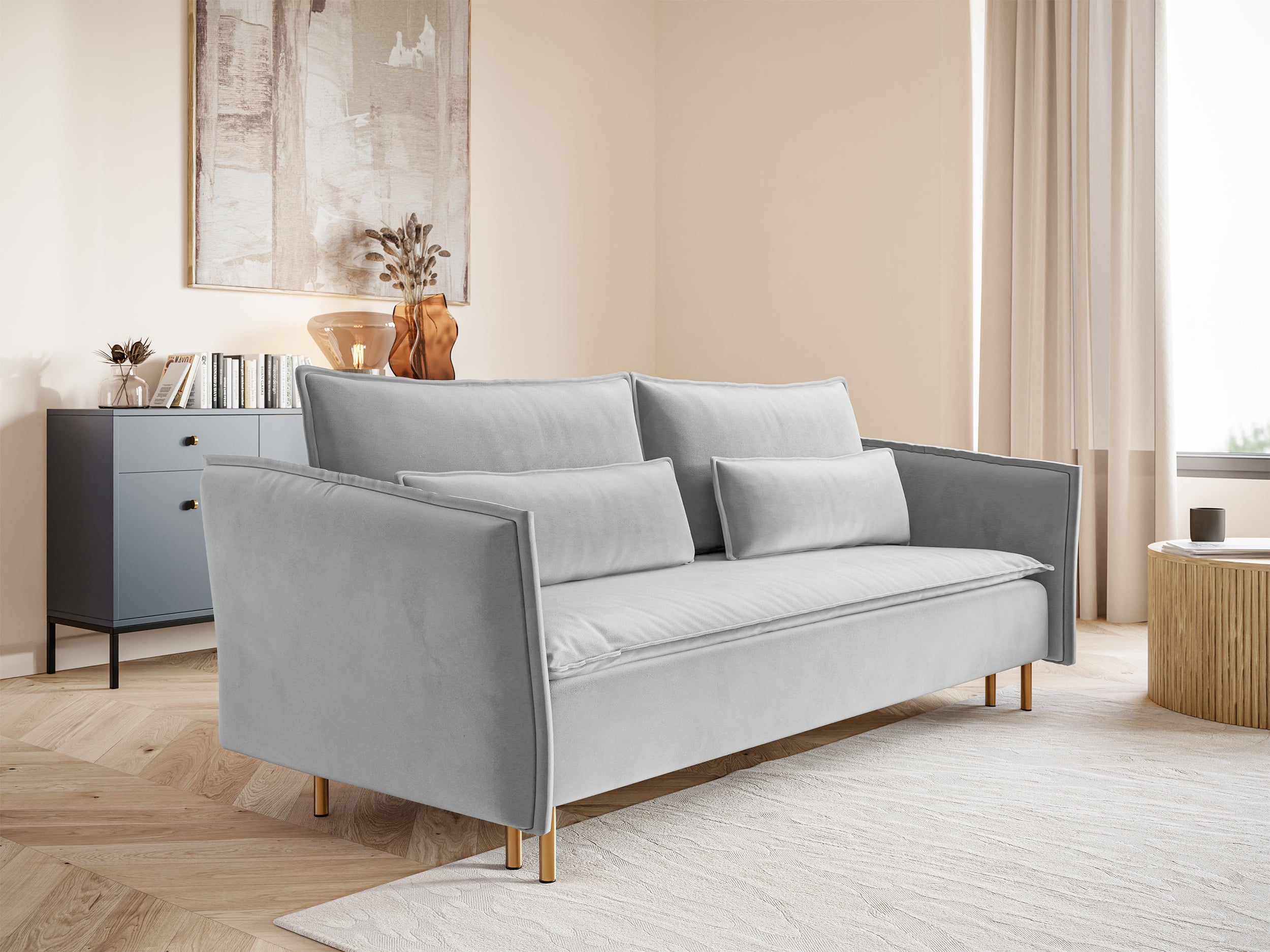 Dreisitziges ausklappbares Sofa Ummo mit Stauraum, hellgrauer wasserabweisender Velours, goldene Beine