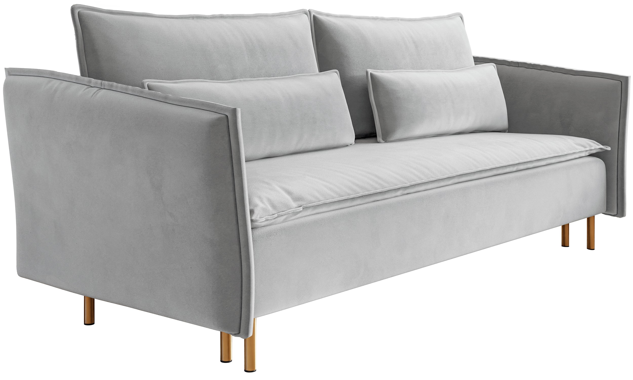 Dreisitziges ausklappbares Sofa Ummo mit Stauraum, hellgrauer wasserabweisender Velours, goldene Beine