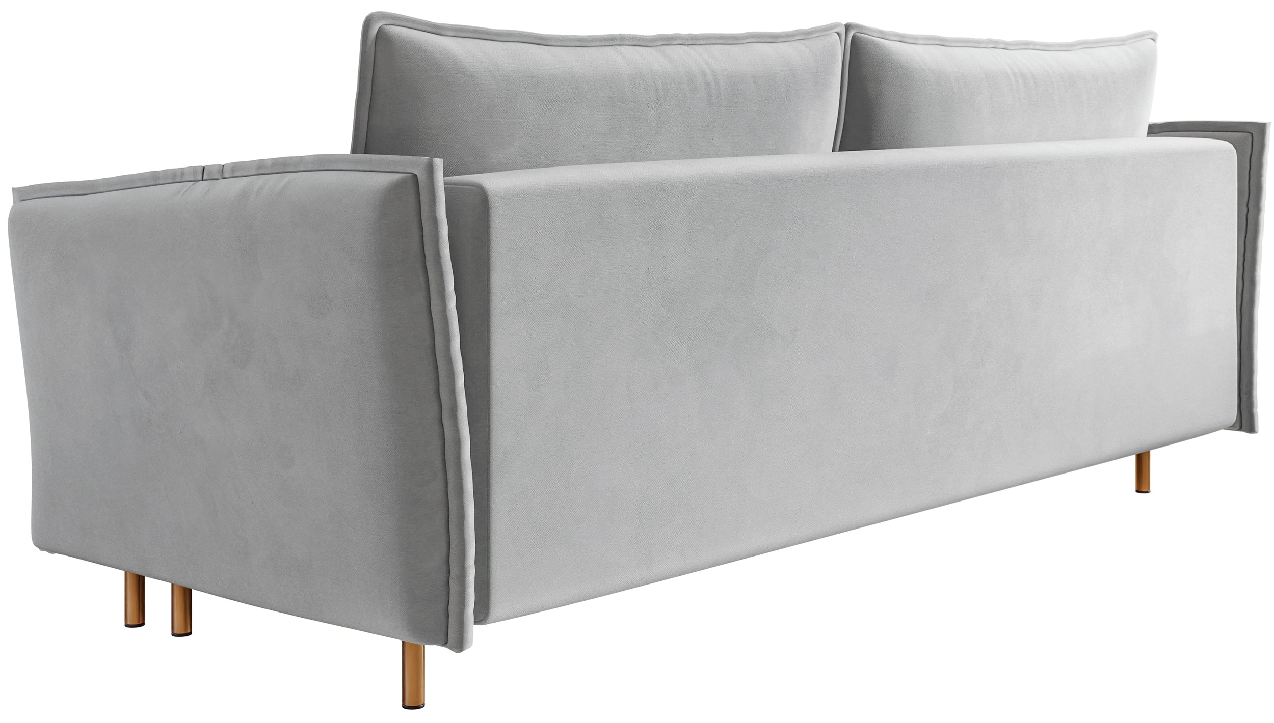 Dreisitziges ausklappbares Sofa Ummo mit Stauraum, hellgrauer wasserabweisender Velours, goldene Beine