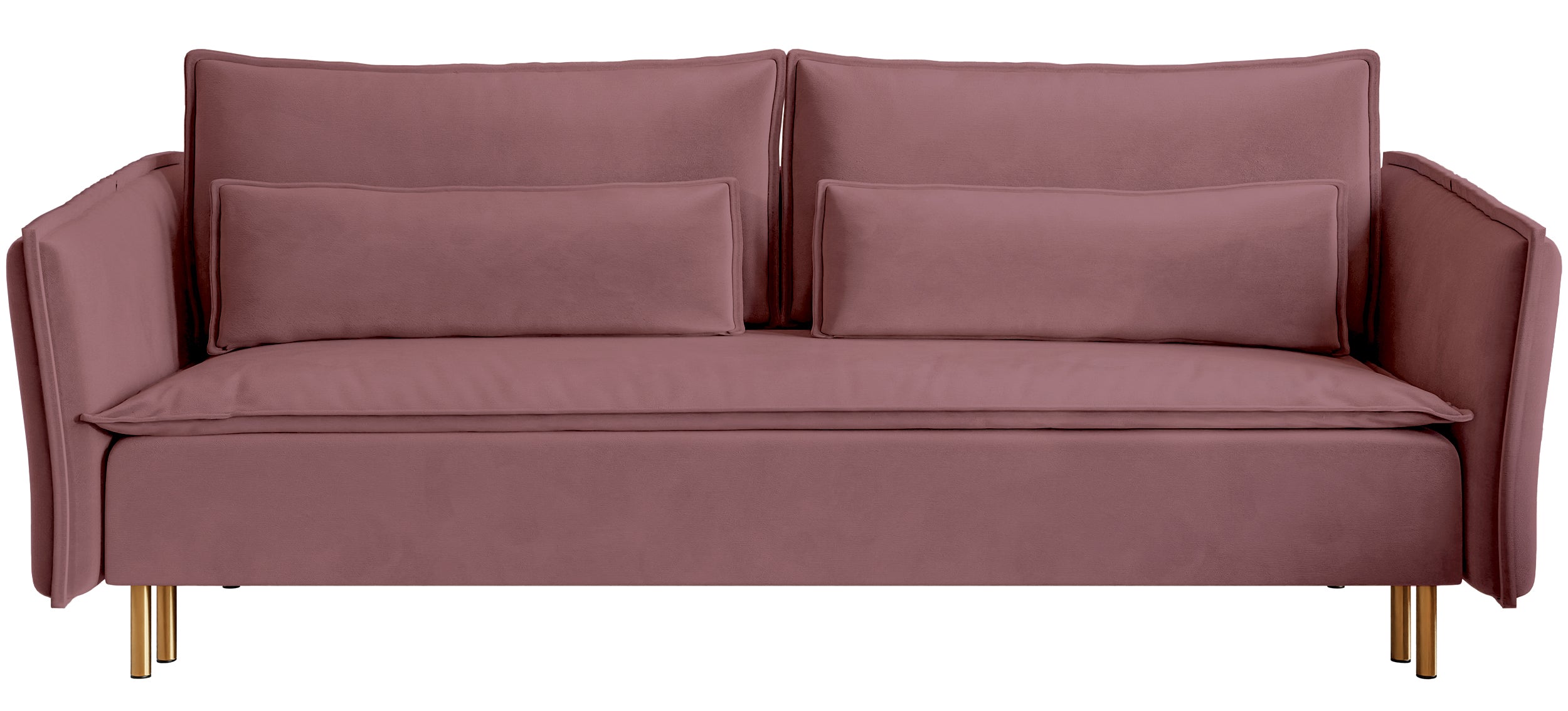 Dreisitziges Schlafsofa Ummo mit Stauraum, rosa Velours, wasserabweisend, goldene Beine