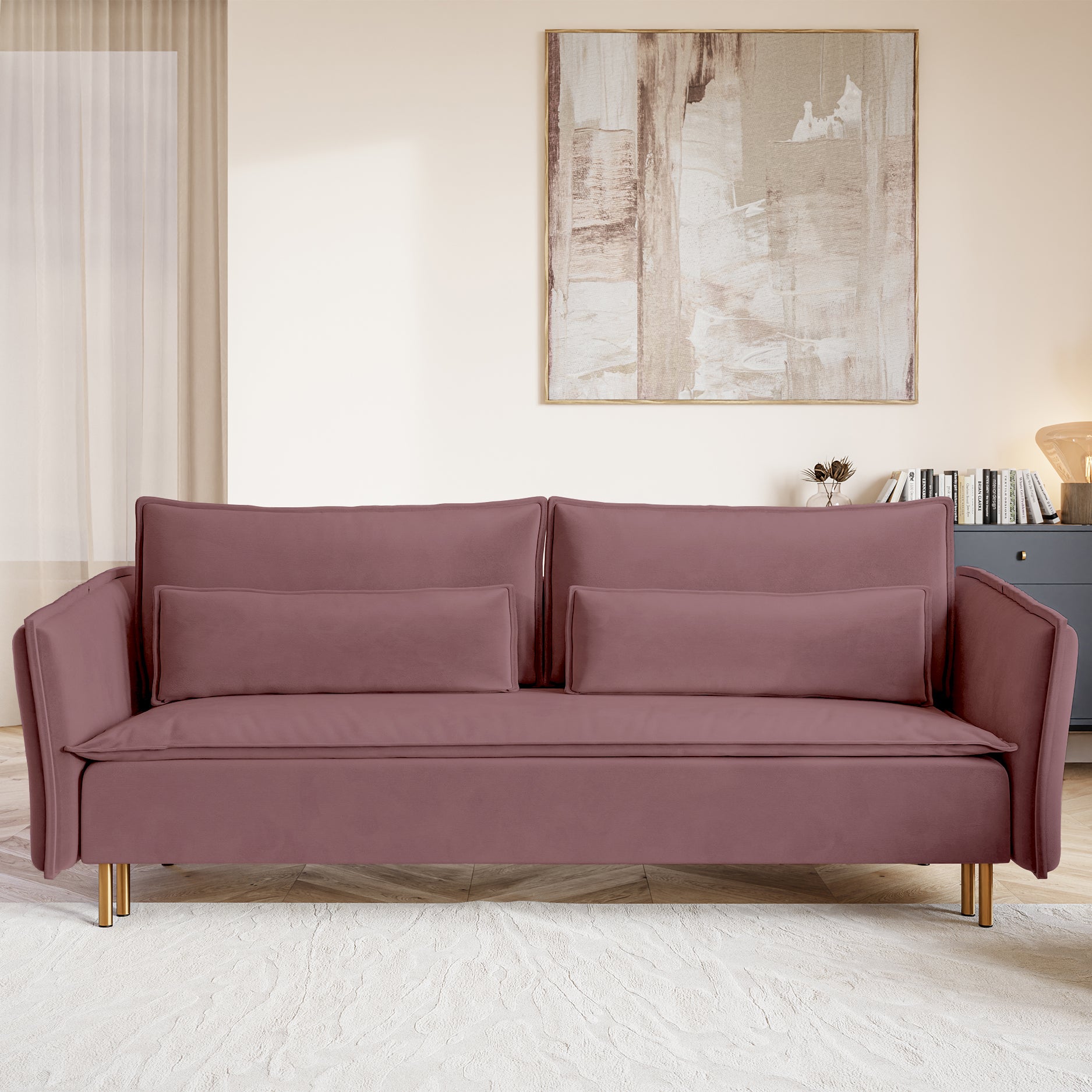 Dreisitziges Schlafsofa Ummo mit Stauraum, rosa Velours, wasserabweisend, goldene Beine