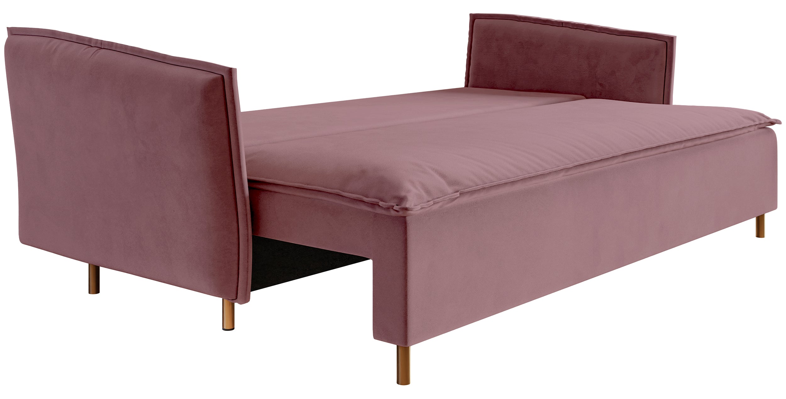 Dreisitziges Schlafsofa Ummo mit Stauraum, rosa Velours, wasserabweisend, goldene Beine
