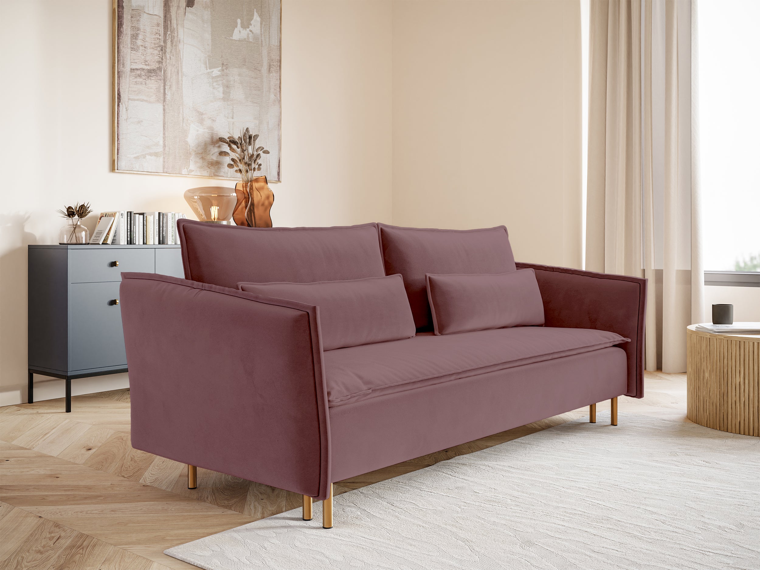 Dreisitziges Schlafsofa Ummo mit Stauraum, rosa Velours, wasserabweisend, goldene Beine