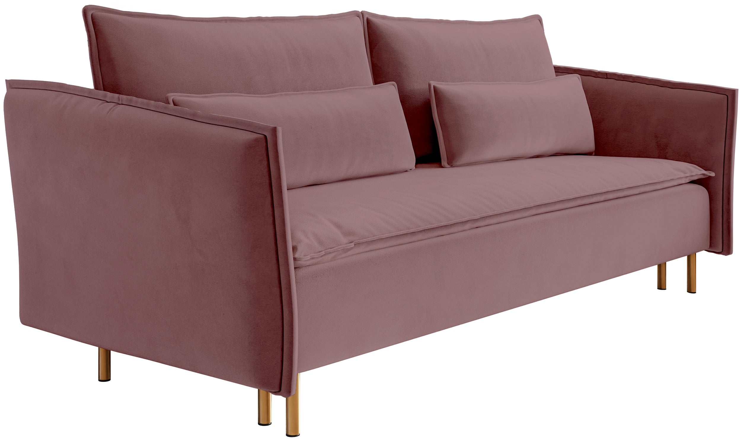 Dreisitziges Schlafsofa Ummo mit Stauraum, rosa Velours, wasserabweisend, goldene Beine