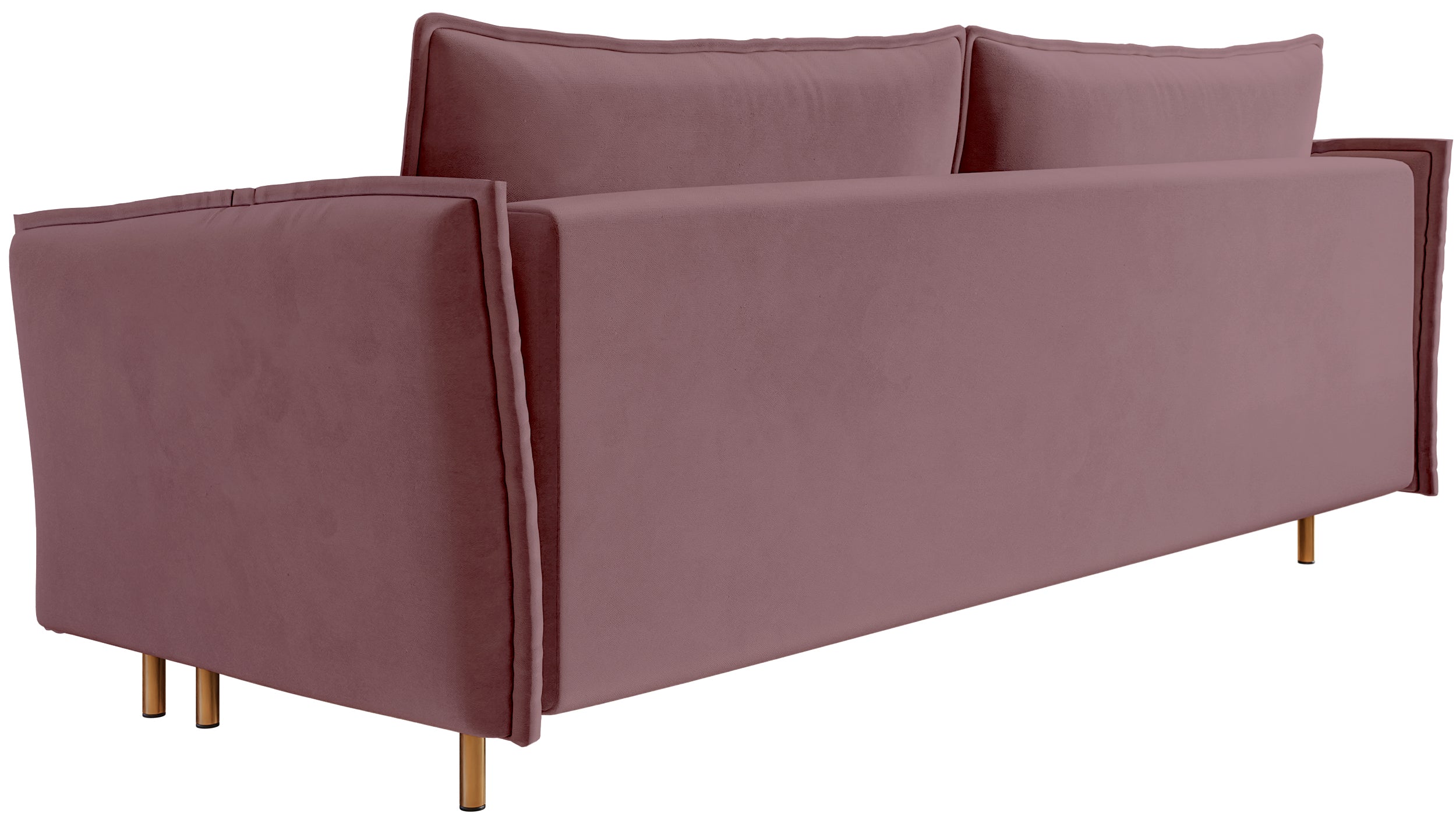Dreisitziges Schlafsofa Ummo mit Stauraum, rosa Velours, wasserabweisend, goldene Beine