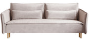 Dreisitziges ausklappbares Sofa Ummo mit Stauraum, grau-beiger hydrophober Samt, goldene Beine
