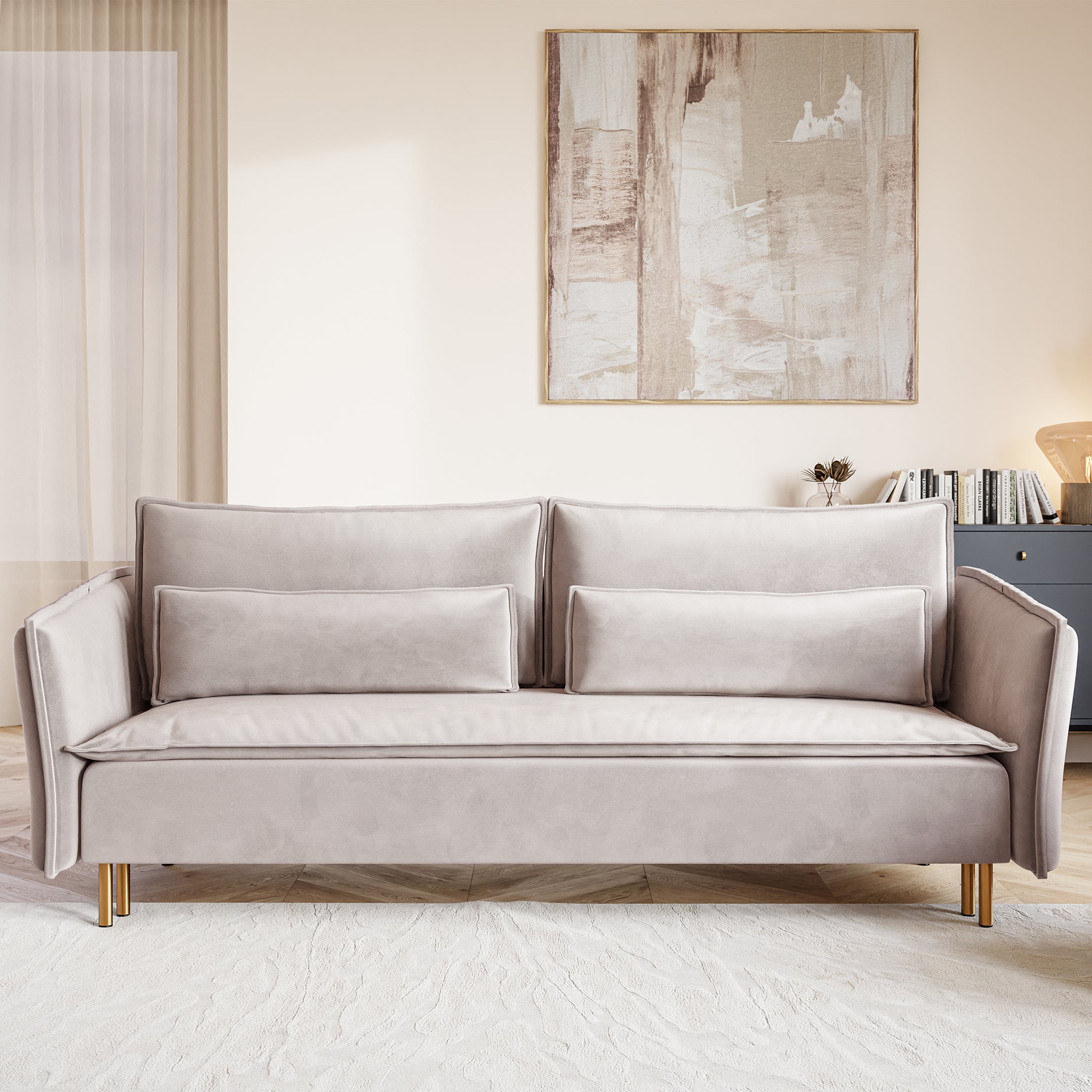 Dreisitziges ausklappbares Sofa Ummo mit Stauraum, grau-beiger hydrophober Samt, goldene Beine