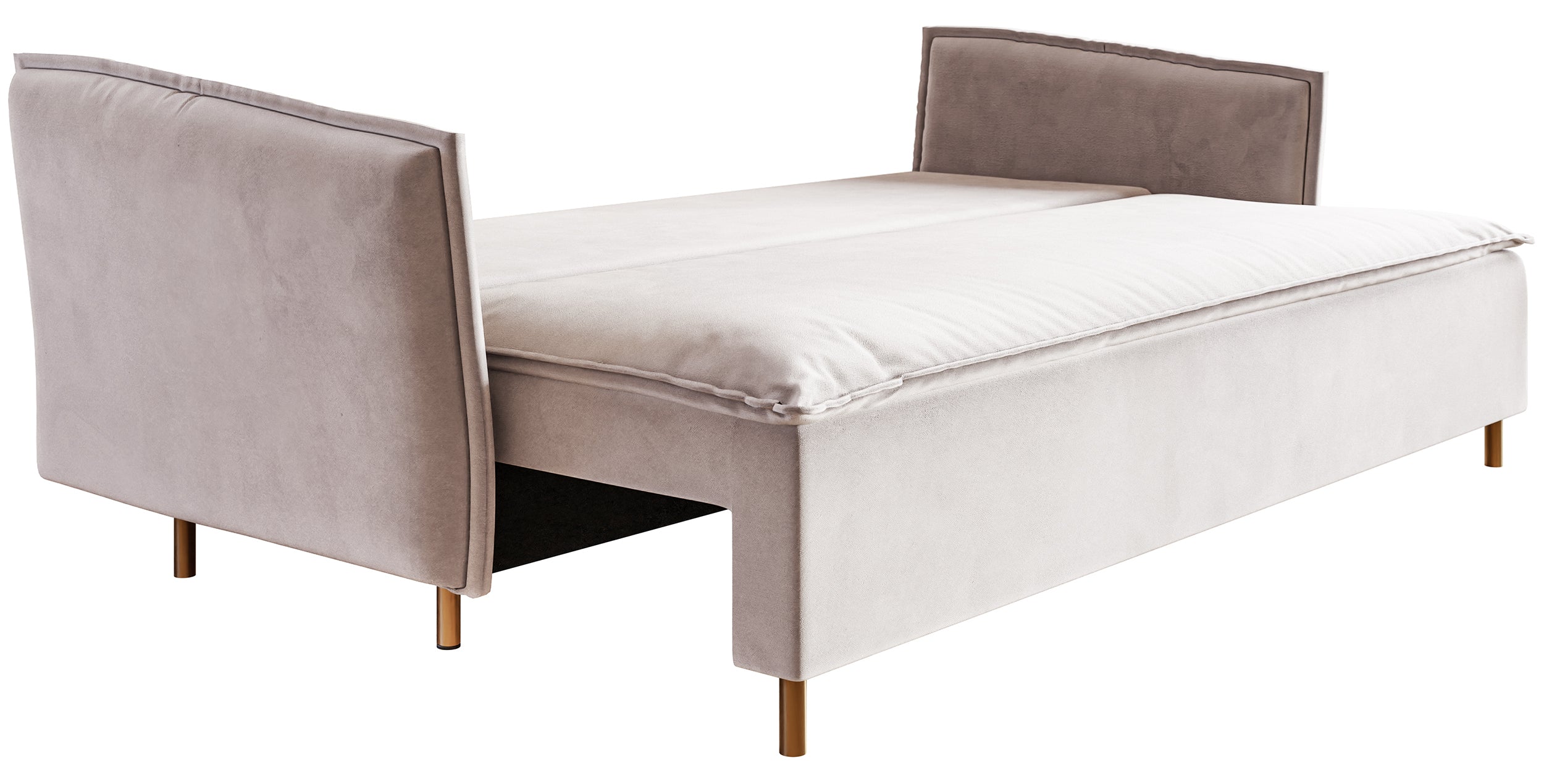 Dreisitziges ausklappbares Sofa Ummo mit Stauraum, grau-beiger hydrophober Samt, goldene Beine