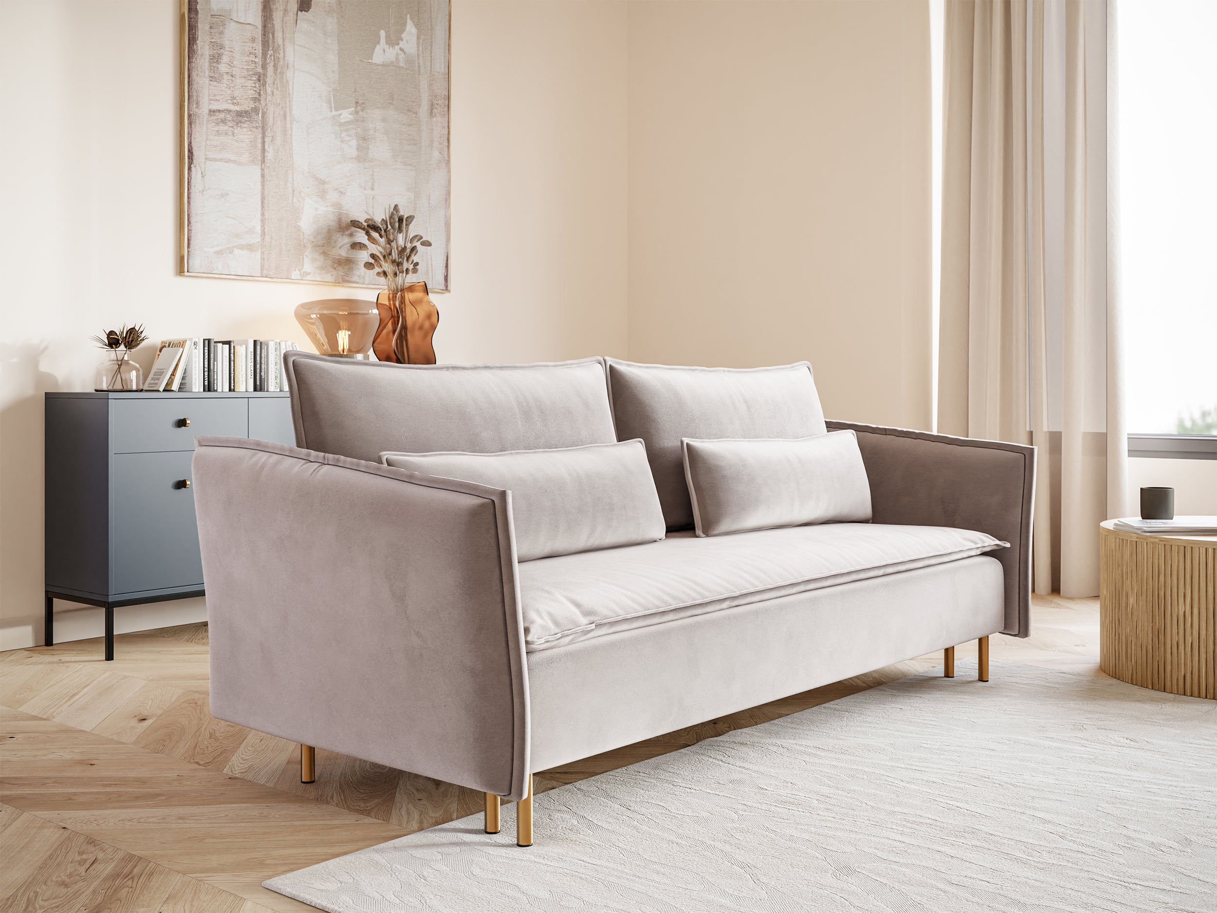 Dreisitziges ausklappbares Sofa Ummo mit Stauraum, grau-beiger hydrophober Samt, goldene Beine