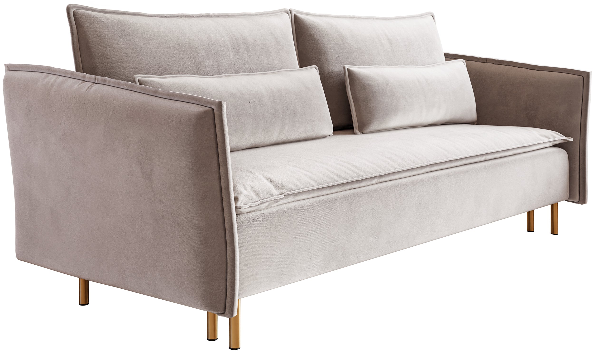 Dreisitziges ausklappbares Sofa Ummo mit Stauraum, grau-beiger hydrophober Samt, goldene Beine