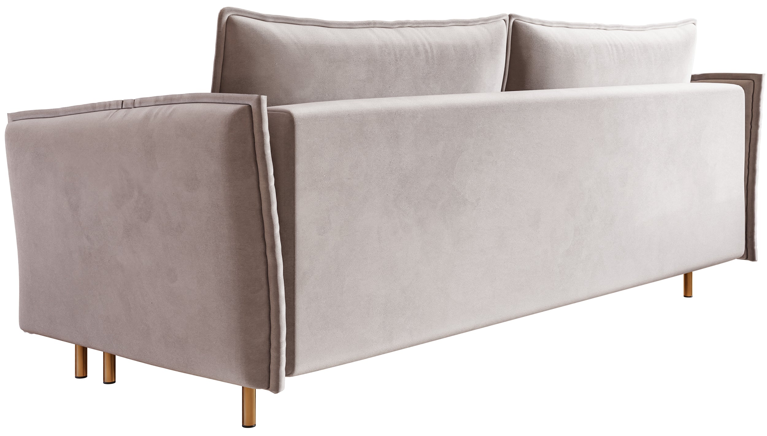 Dreisitziges ausklappbares Sofa Ummo mit Stauraum, grau-beiger hydrophober Samt, goldene Beine